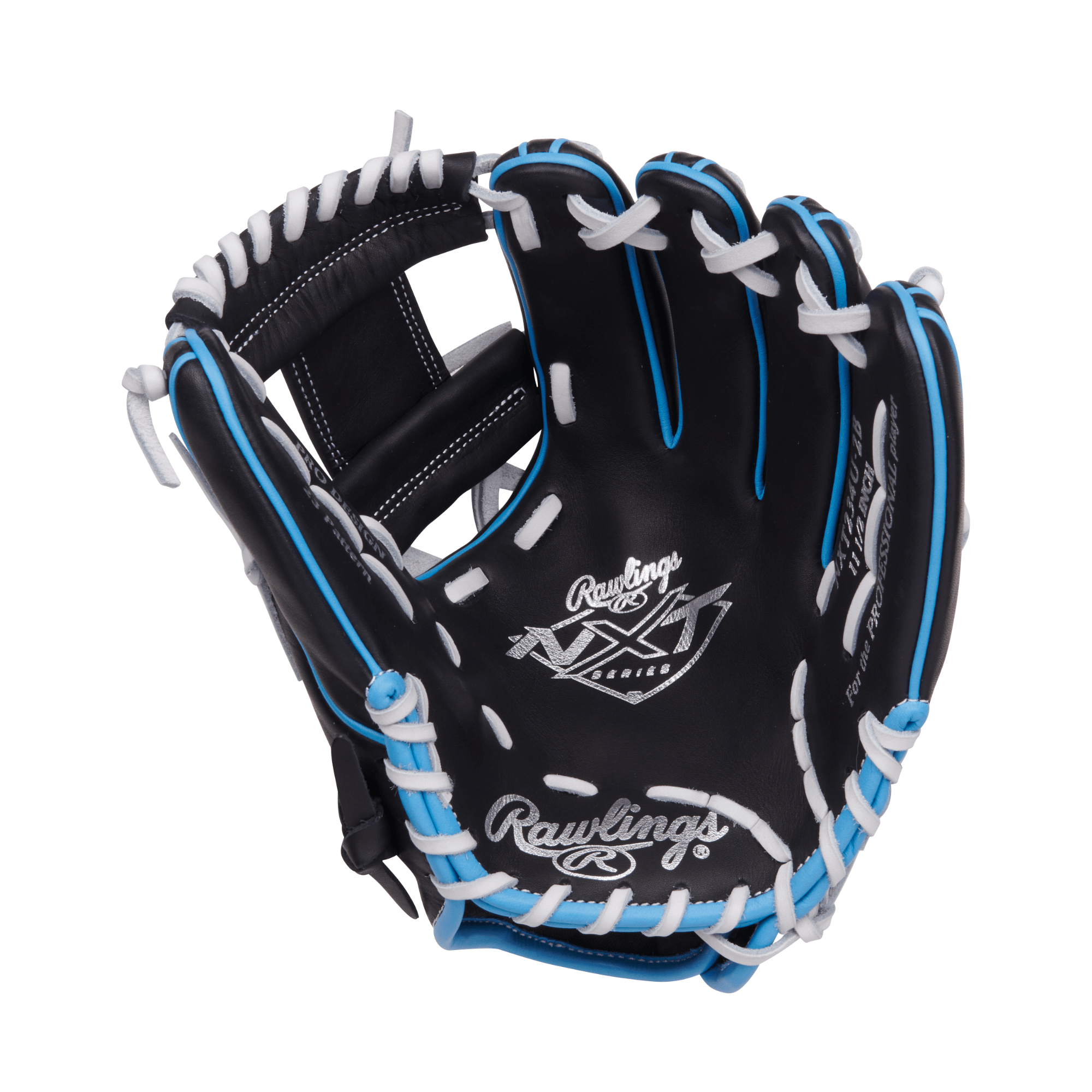 Rawlings NXT Series Contour 11.75-inch infield glove in black and blue, designed for travel ball players.