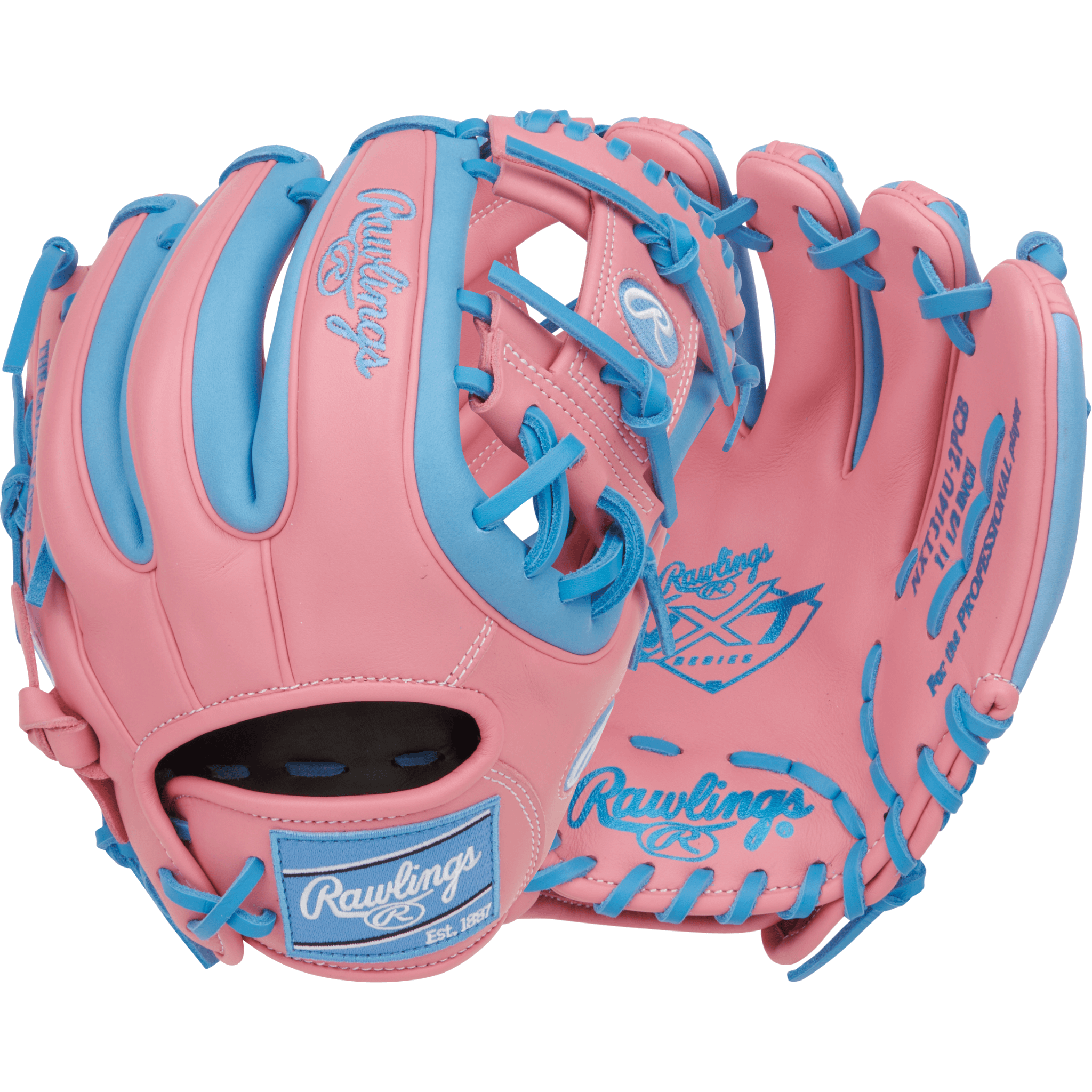 Rawlings NXT 11.5" Pink/Columbia Blue infield glove front and back view with 314U pattern and ContoUR Fit system