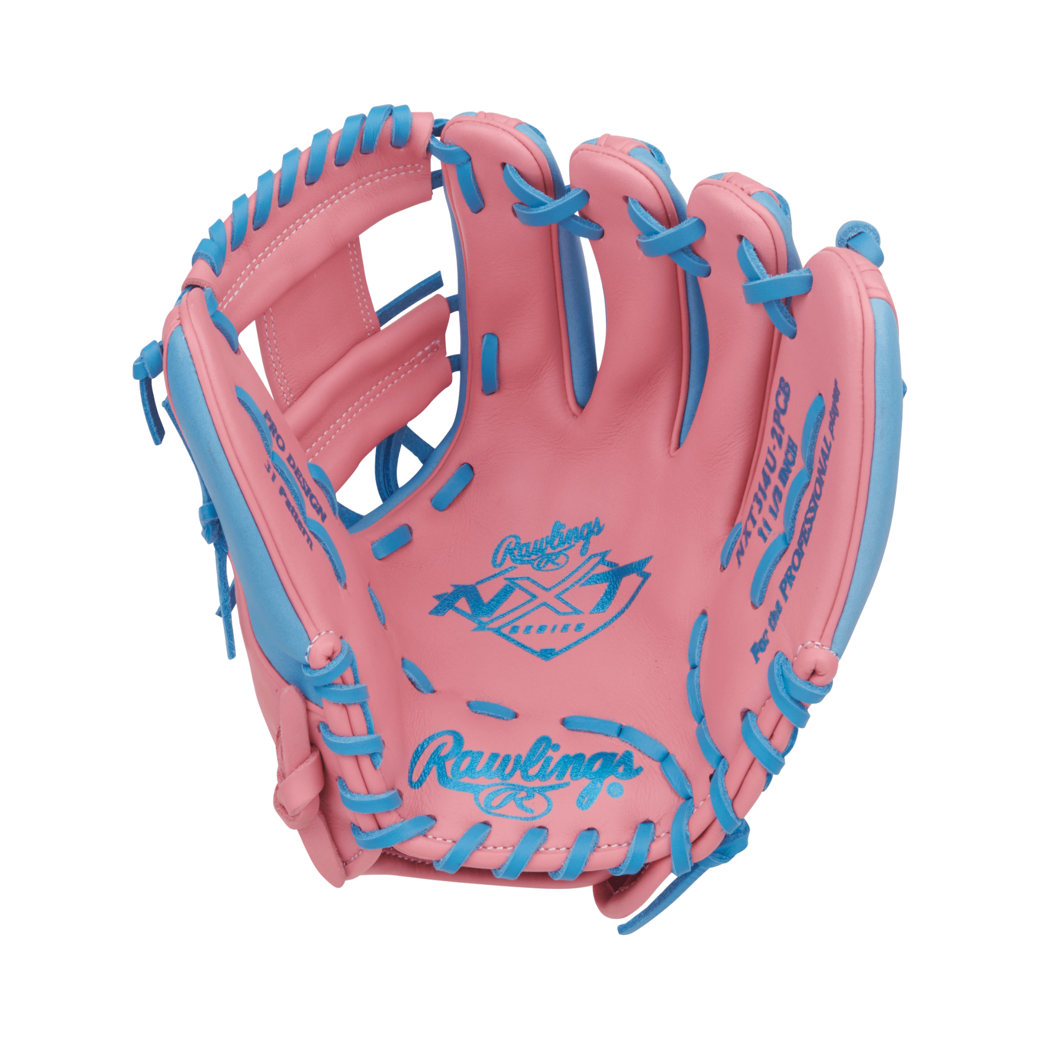 Palm view of Rawlings NXT 11.5" Pink/Columbia Blue glove with pro-soft leather and shallow infield pocket
