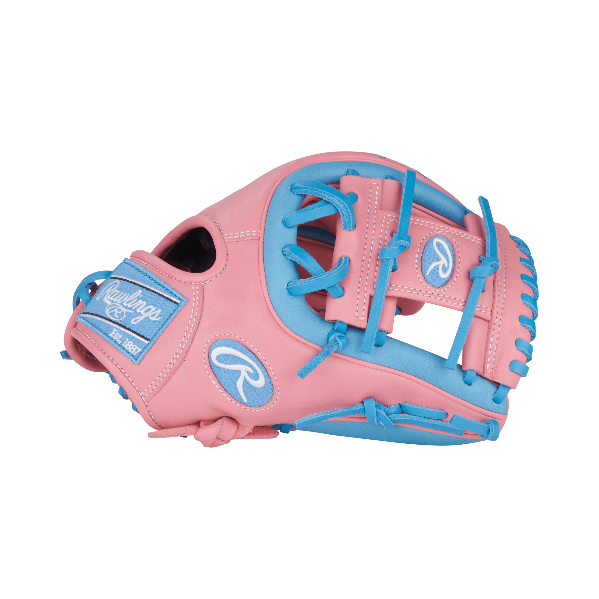 Close-up of thumb area on Rawlings NXT 11.5" Pink/Columbia Blue glove with padded thumb sleeve for comfort