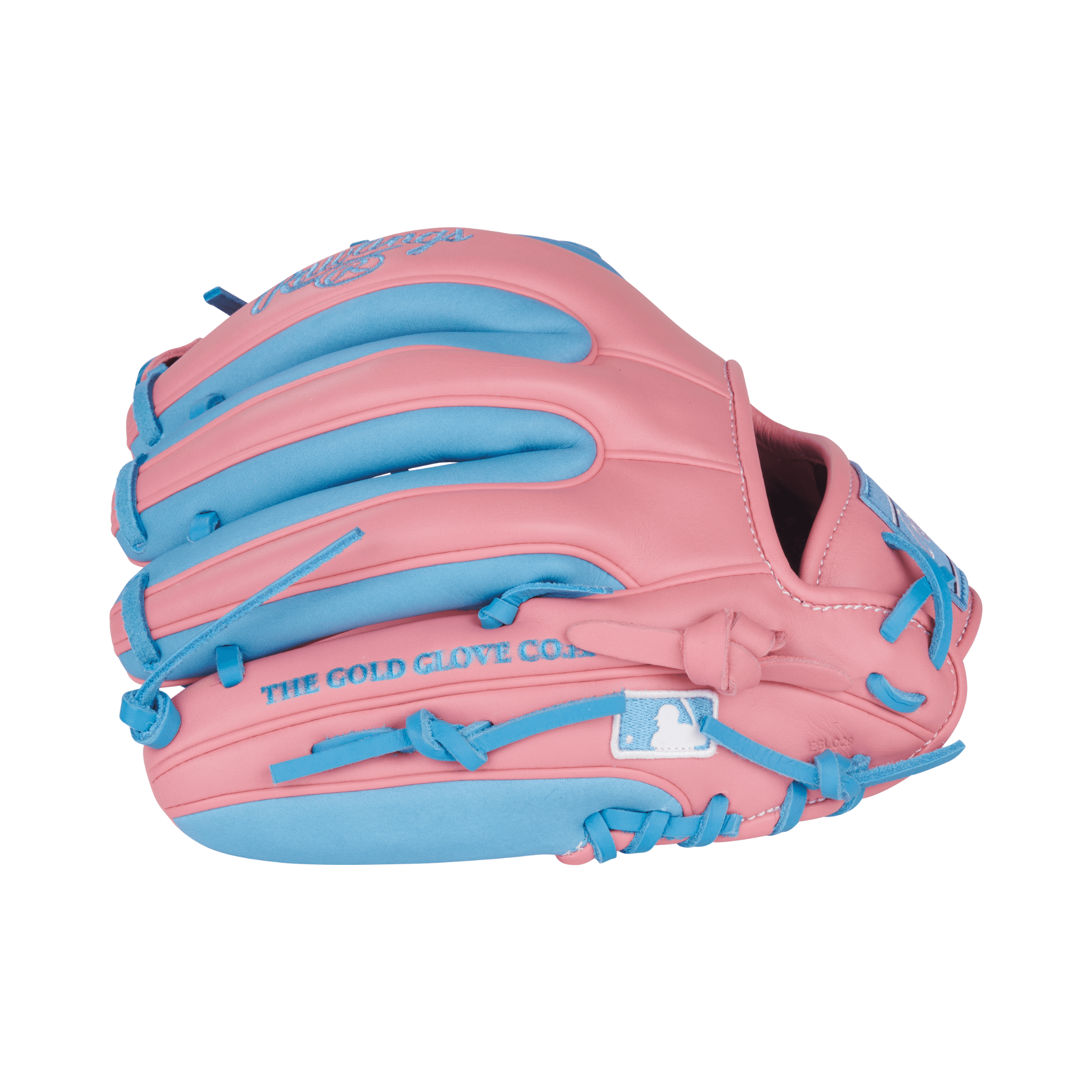 Close-up of finger stalls on Rawlings NXT 11.5" Pink/Columbia Blue glove with tailored fit for youth control