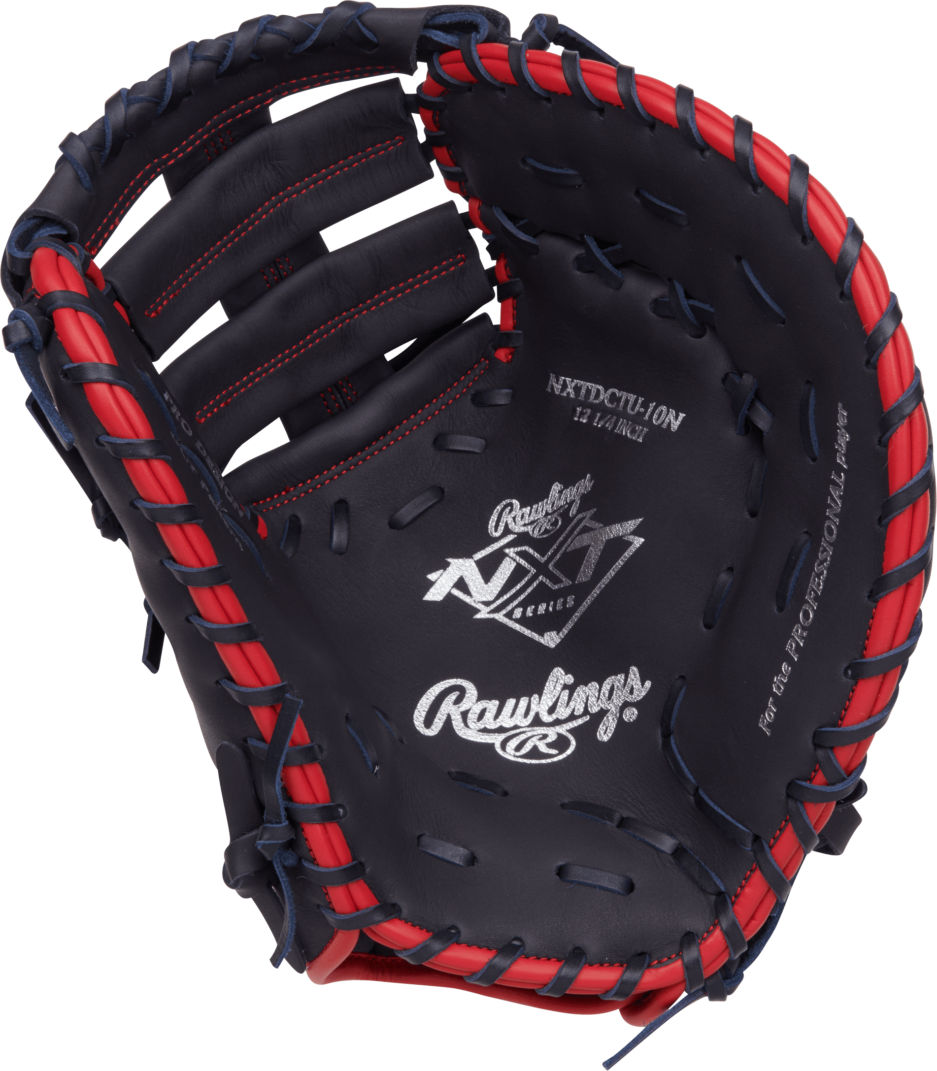 Palm view of Rawlings NXT Series First Base Mitt 12.25-Inch Baseball Glove LHT, black with red lacing and visible white logos.