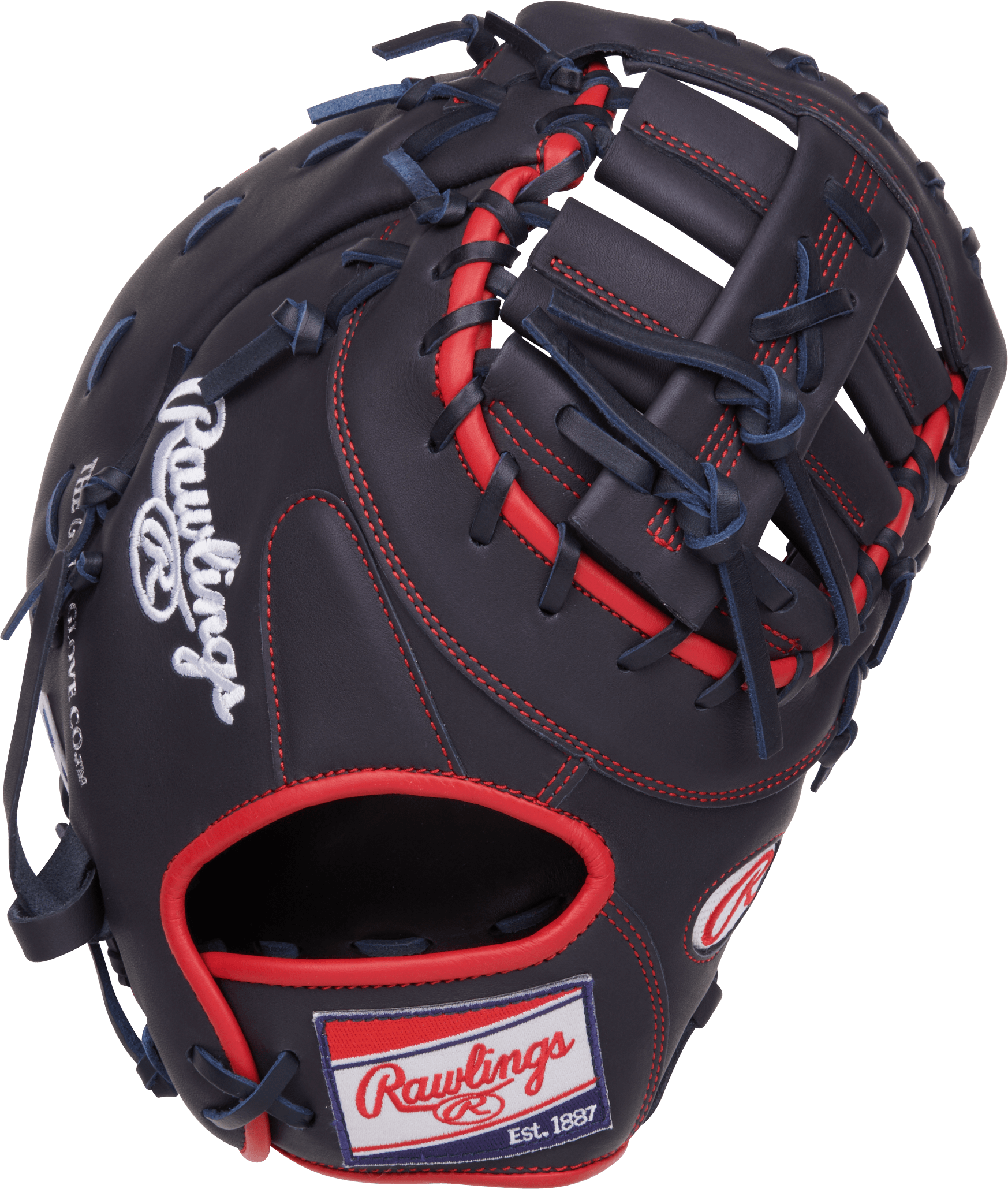 Rawlings NXT Series First Base Mitt 12.25-Inch Baseball Glove LHT, backhand view, dark leather with red and navy lacing.