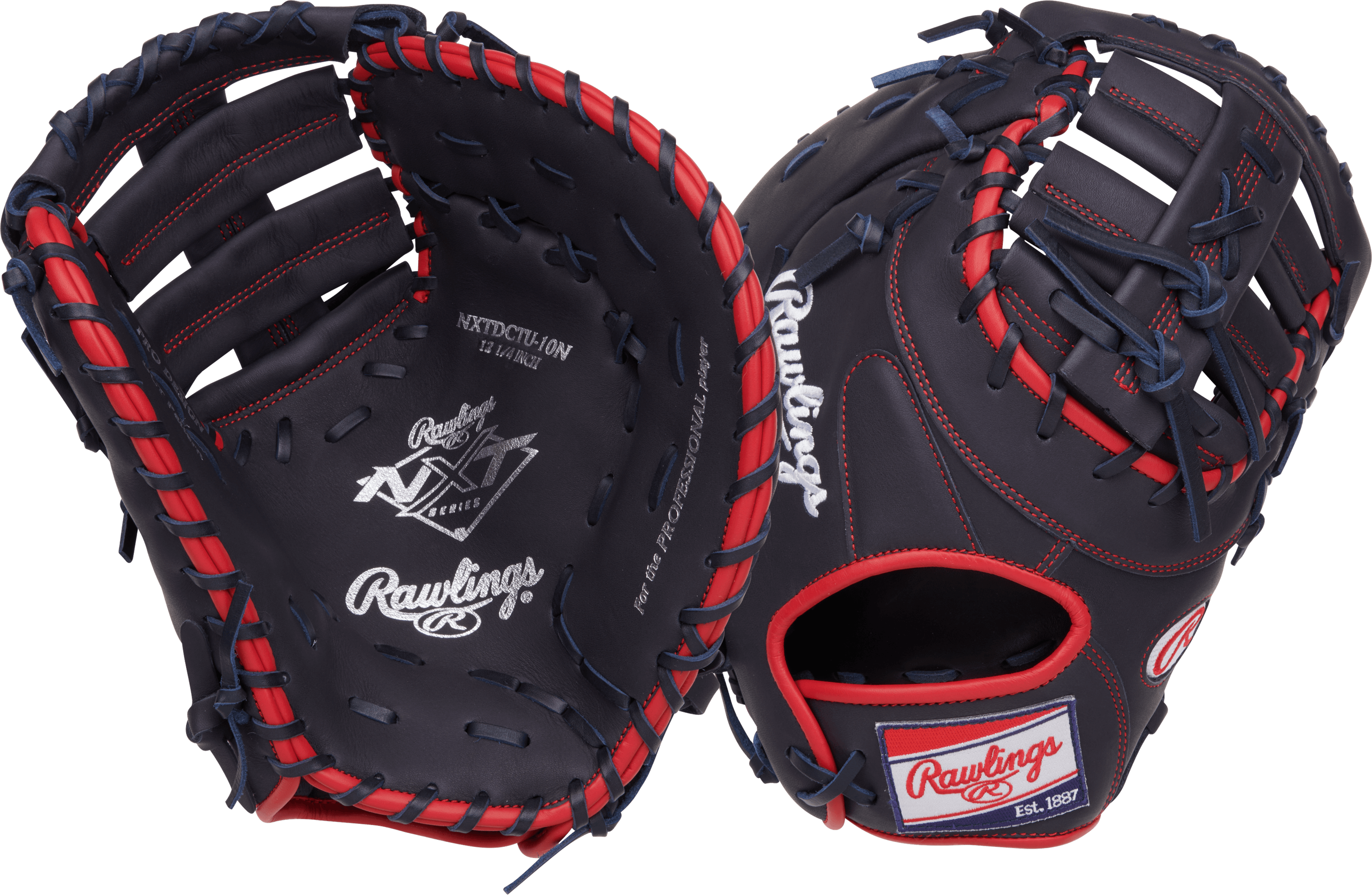 Rawlings NXT Series First Base Mitt 12.25-Inch Baseball Glove RHT, palm and backhand view, dark leather with red lacing, H-web design.