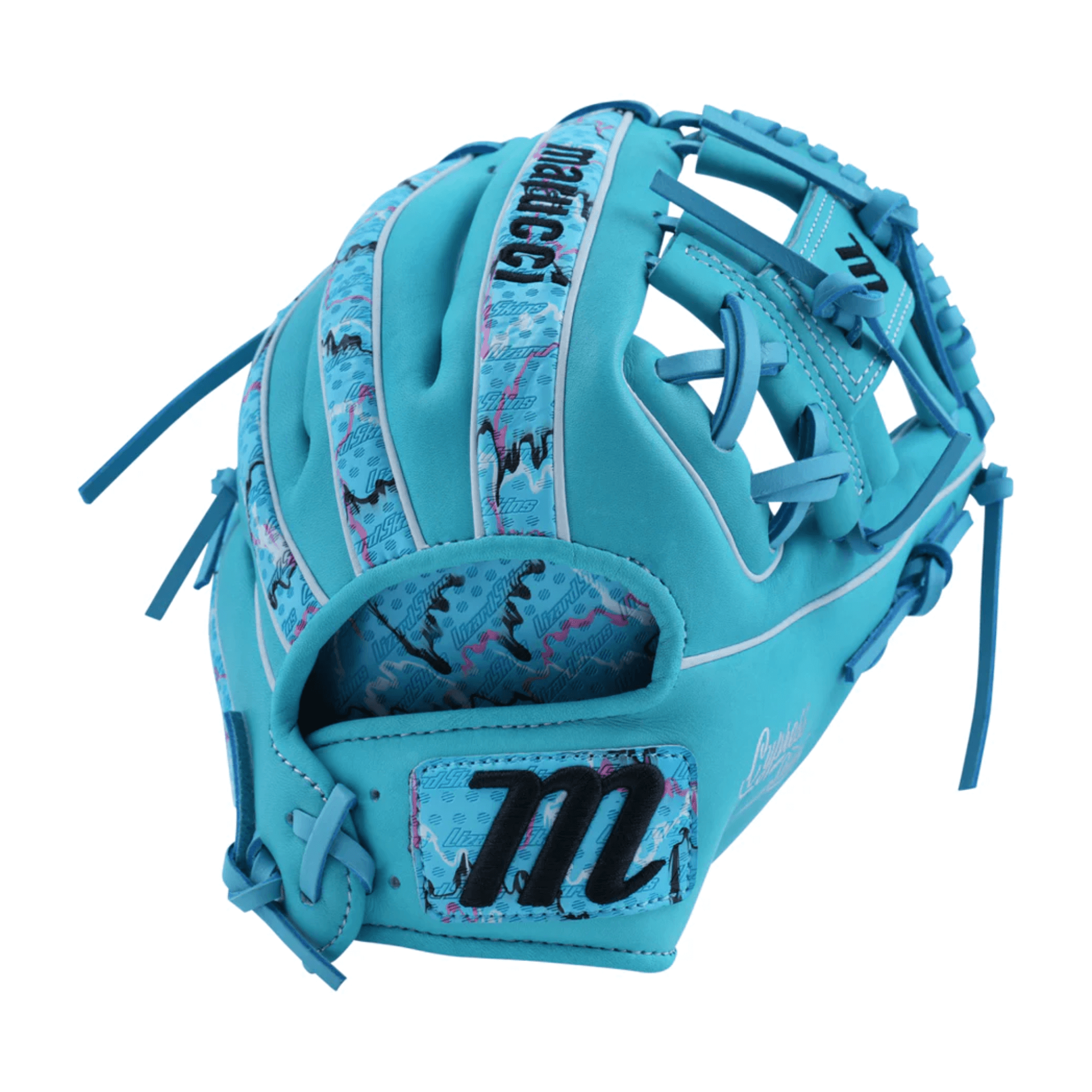 Marucci Nightshift Blue Lizard 11.5" I-Web glove back view showing Nightshift styling and lizard-inspired details.