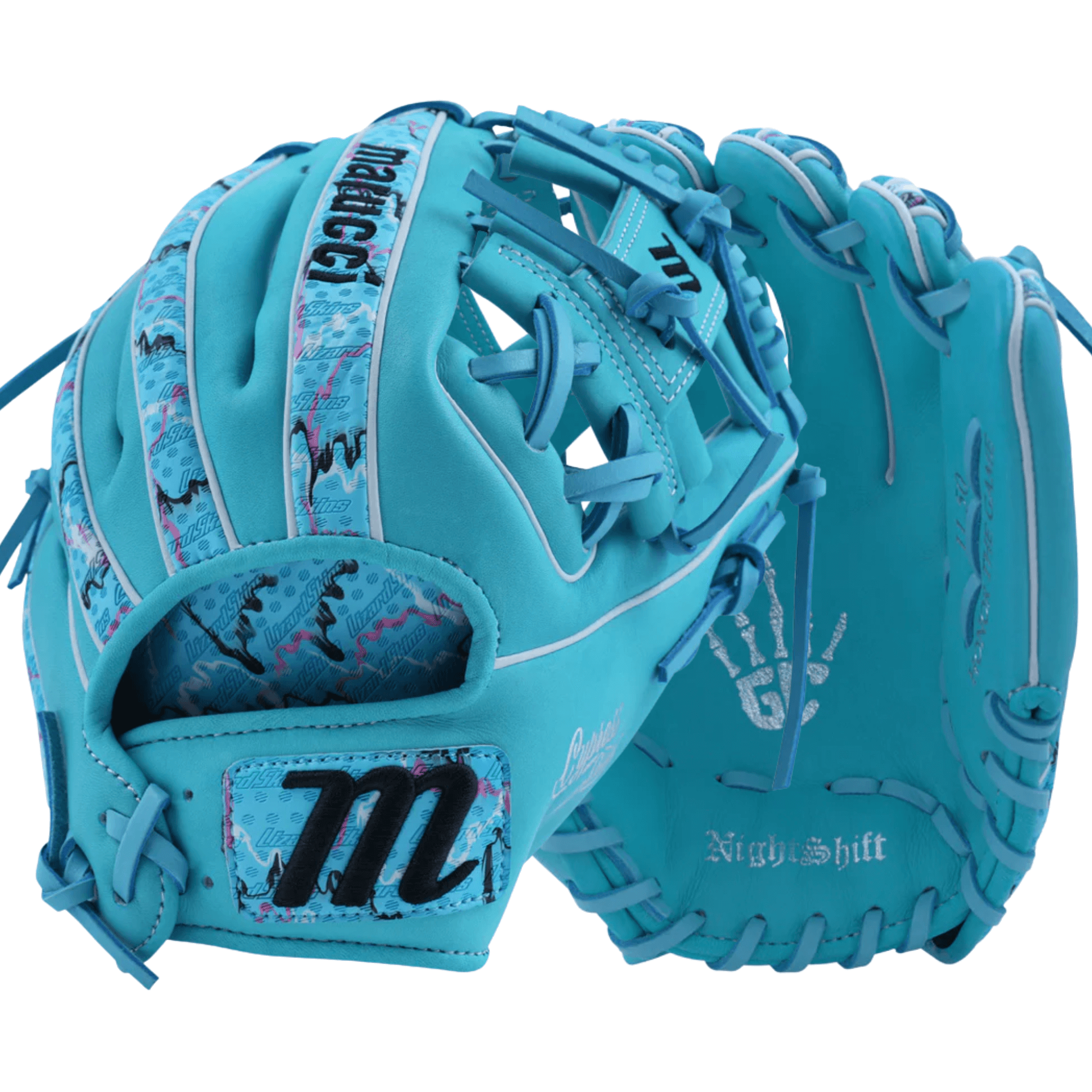 Marucci Nightshift Blue Lizard 11.5" I-Web glove front and back view with bold blue design.