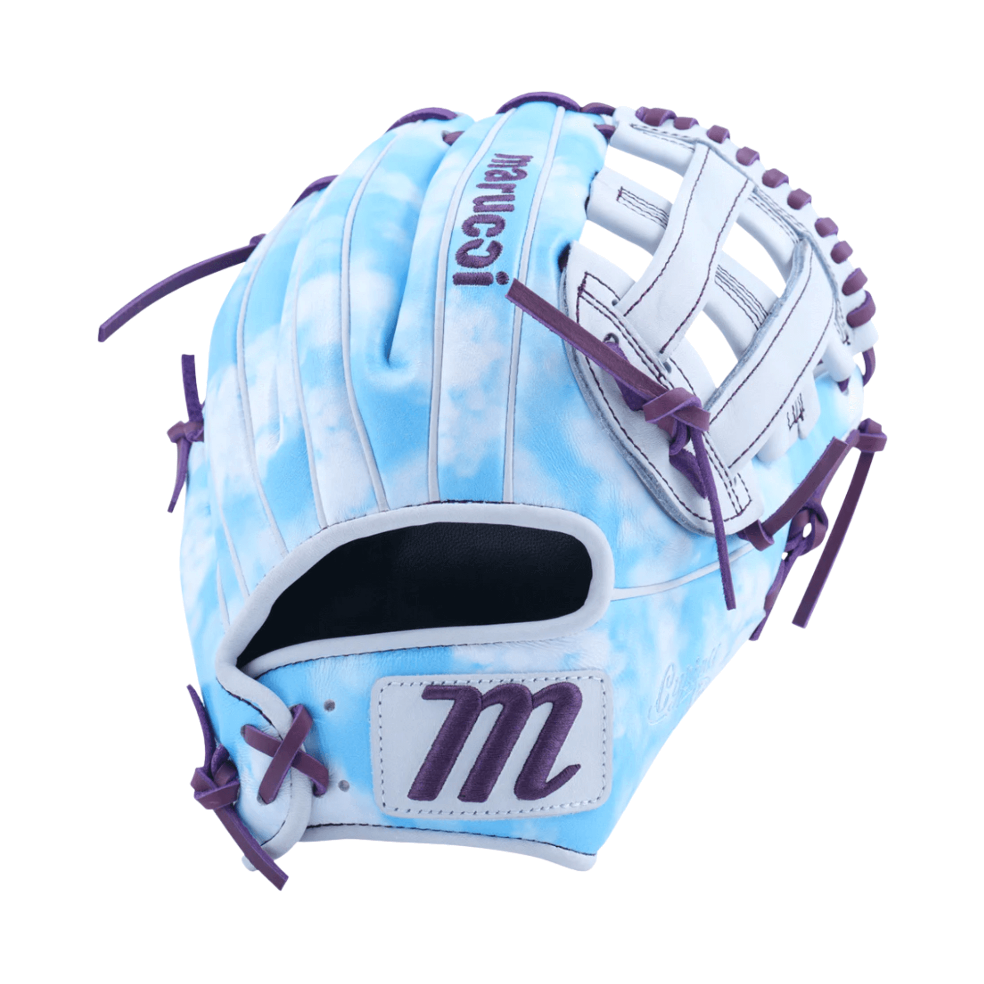 Marucci Nightshift Cloudy 11.75" H-Web glove back view showing cloudy sky pattern across shell.