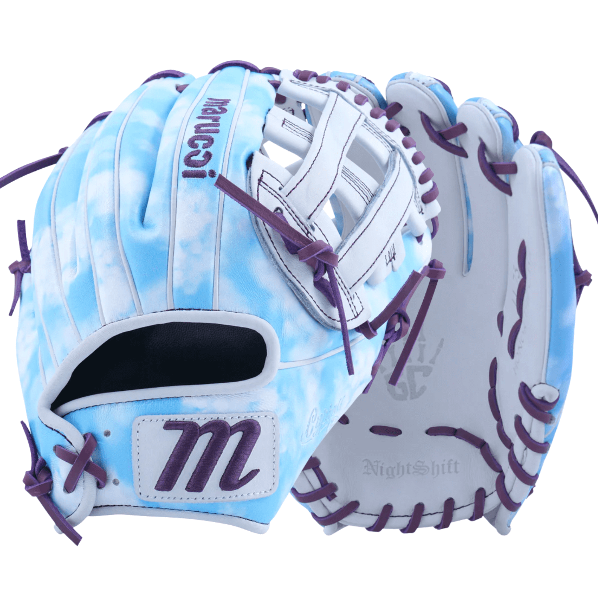 Marucci Nightshift Cloudy 11.75" H-Web glove front and back view with sky-inspired shell and purple laces.