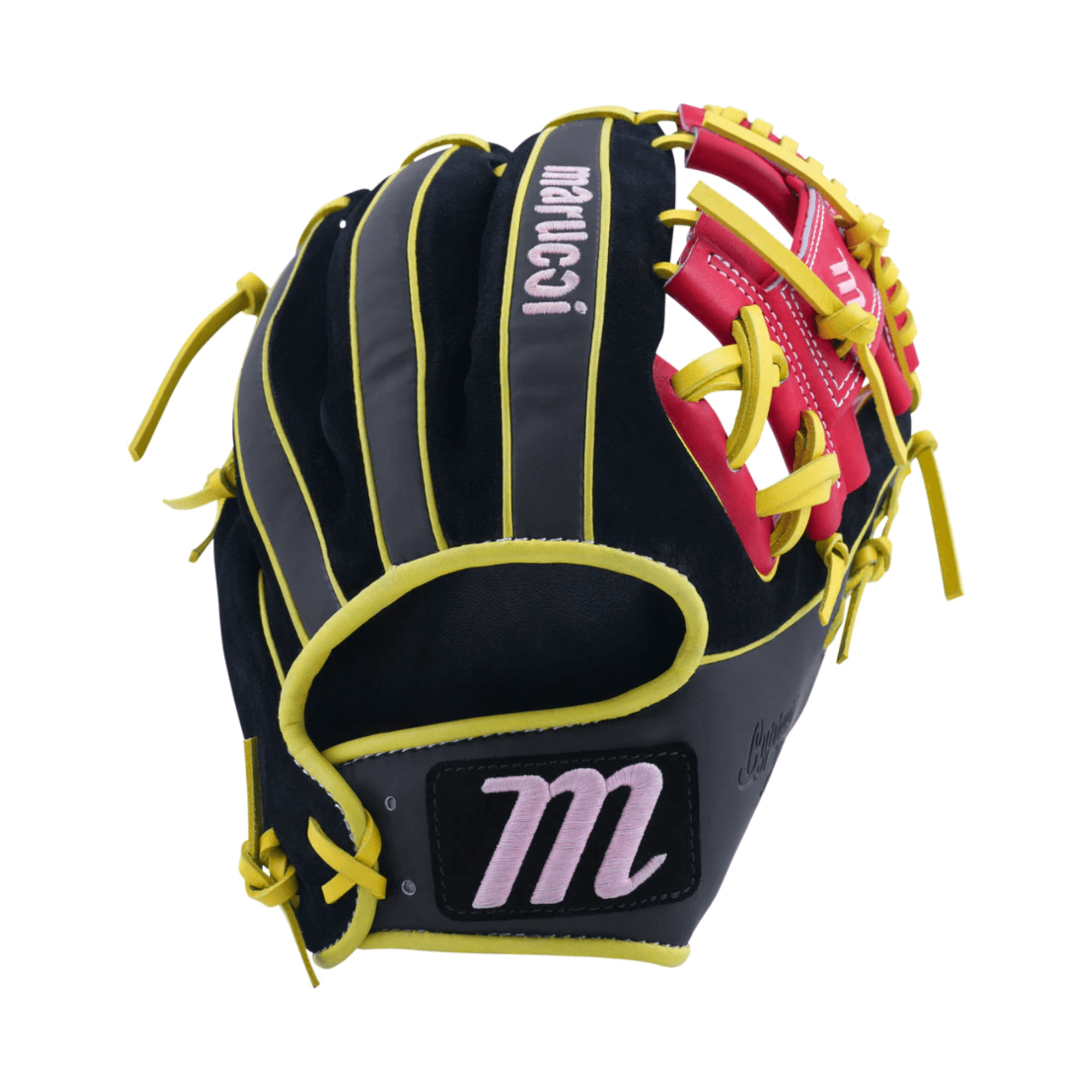 Marucci Nightshift Hot Head 11.5" I-Web glove back view showing bold Hot Head design.