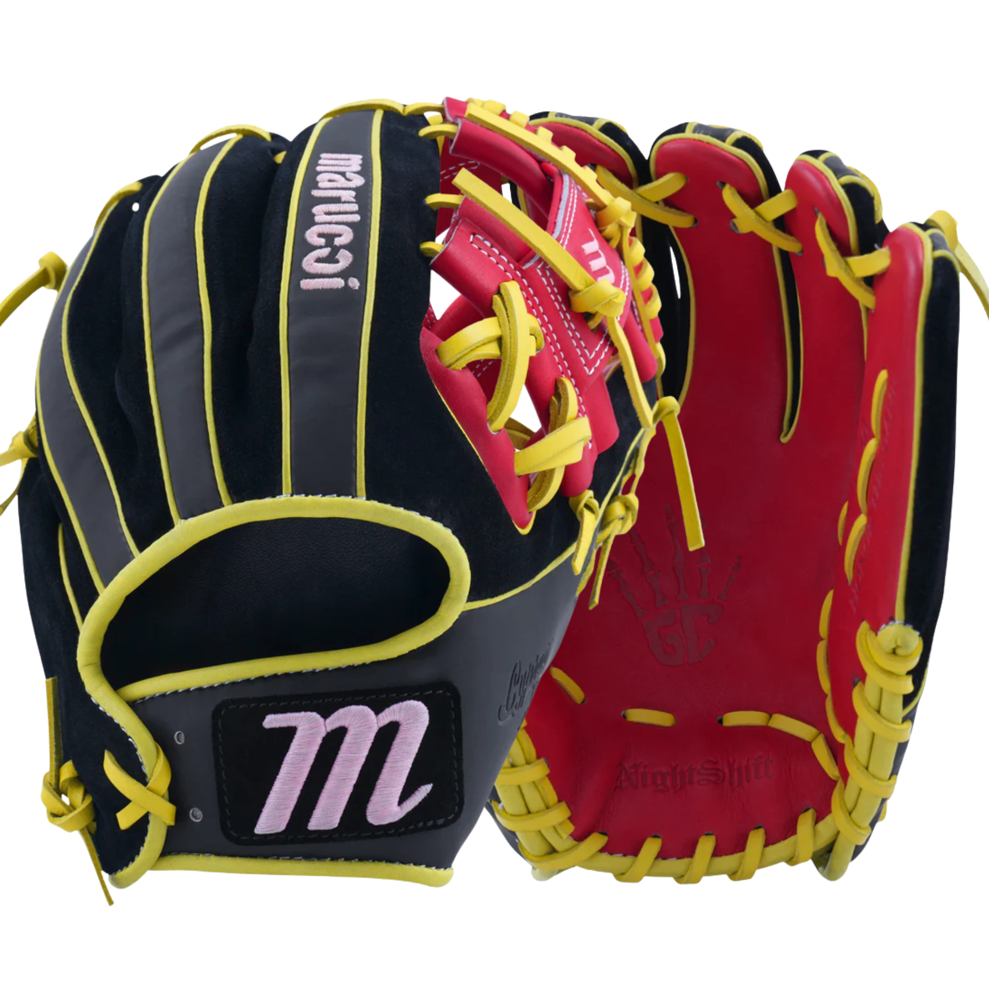 Back and palm view of Marucci Nightshift Hot Head 11.5" I-Web Baseball Glove