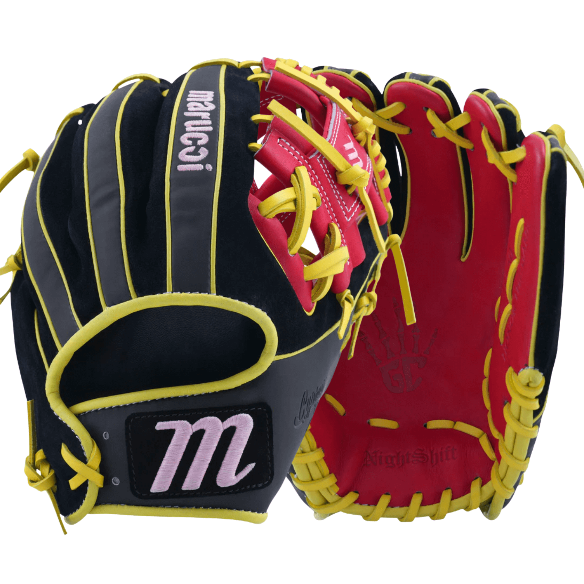 Back and palm view of Marucci Nightshift Hot Head 11.5" I-Web Baseball Glove