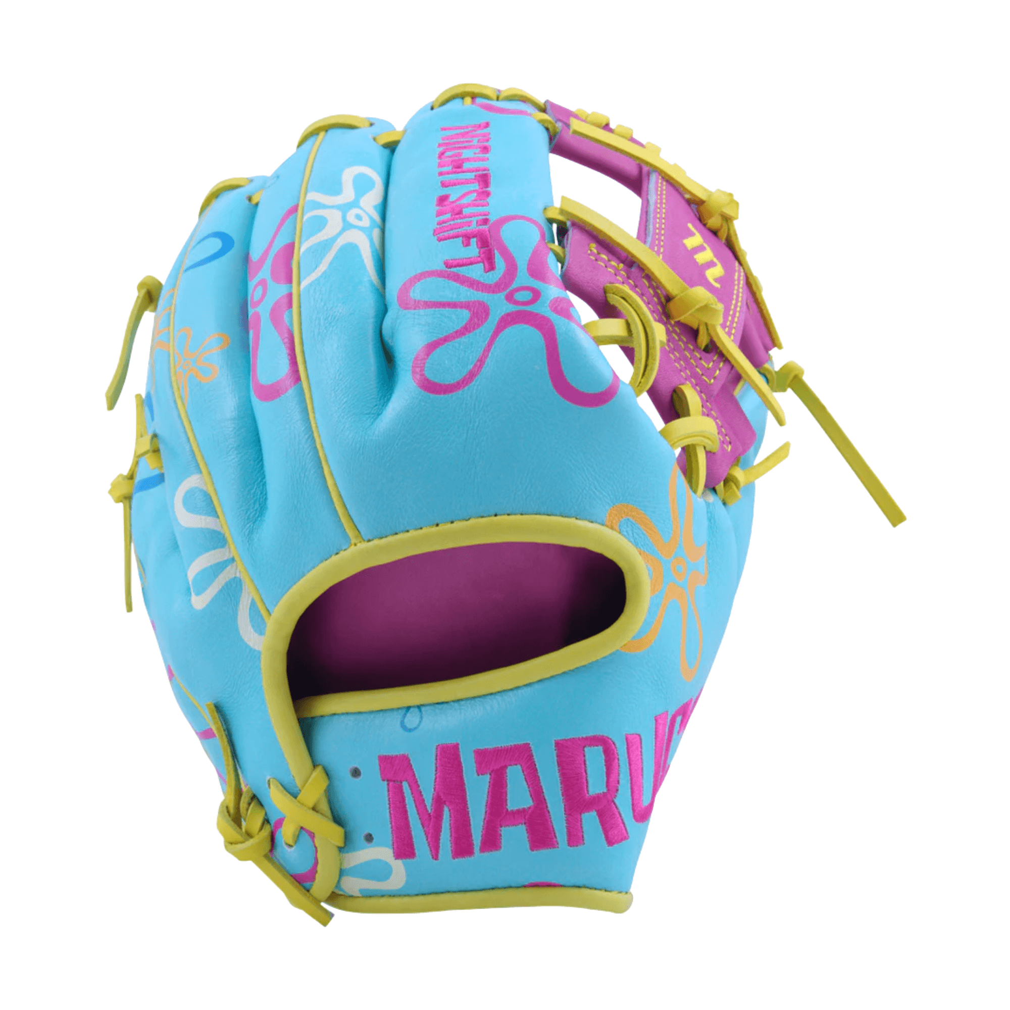 Marucci Nightshift Robert Sponge 11.75" I-Web glove back view with bold sponge-inspired design.