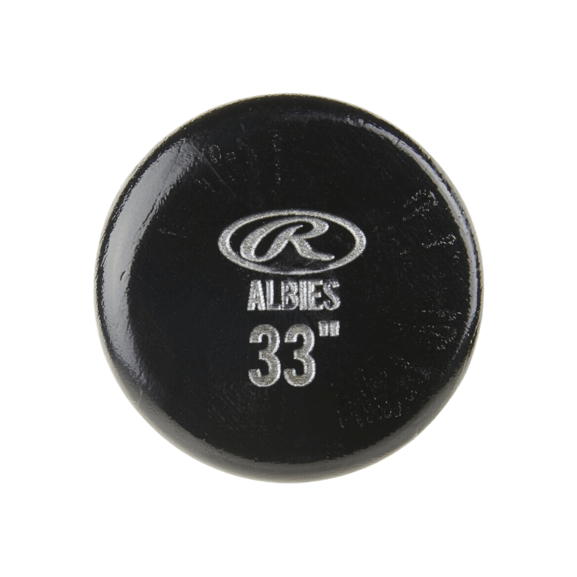 Rawlings Pro Label Ozzie Albies maple bat knob showing logo and 33-inch size marking.