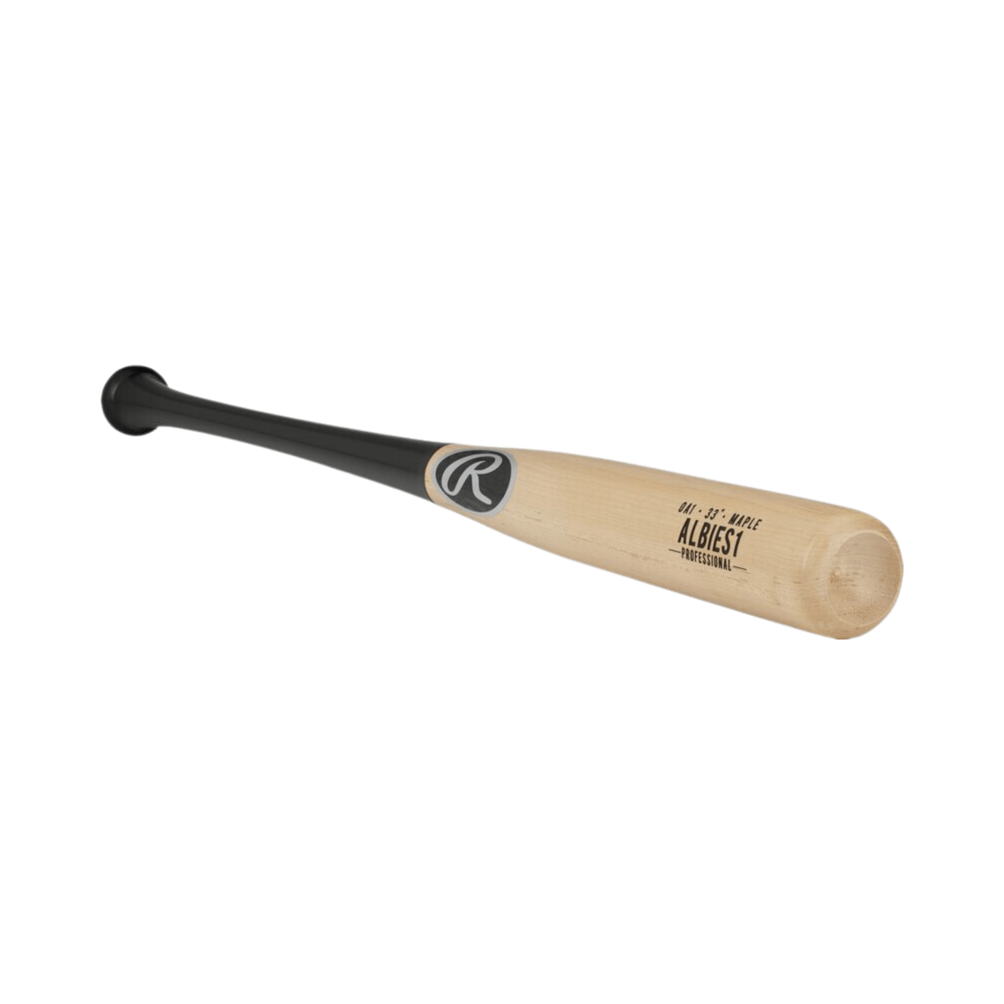 Rawlings Pro Label Ozzie Albies maple wood bat with black grip and engraved logo, designed for pro-quality performance.