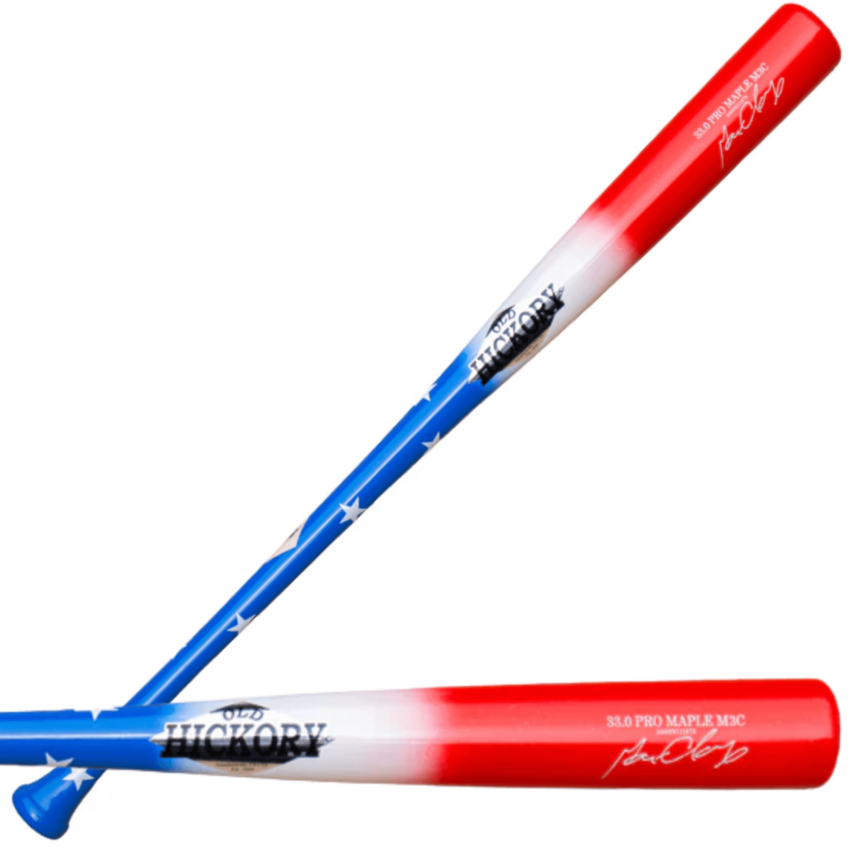 Old Hickory M3C Bomb Pop Limited Edition bat, red, white, and blue with star accents, medium barrel, flared knob for balanced swing.