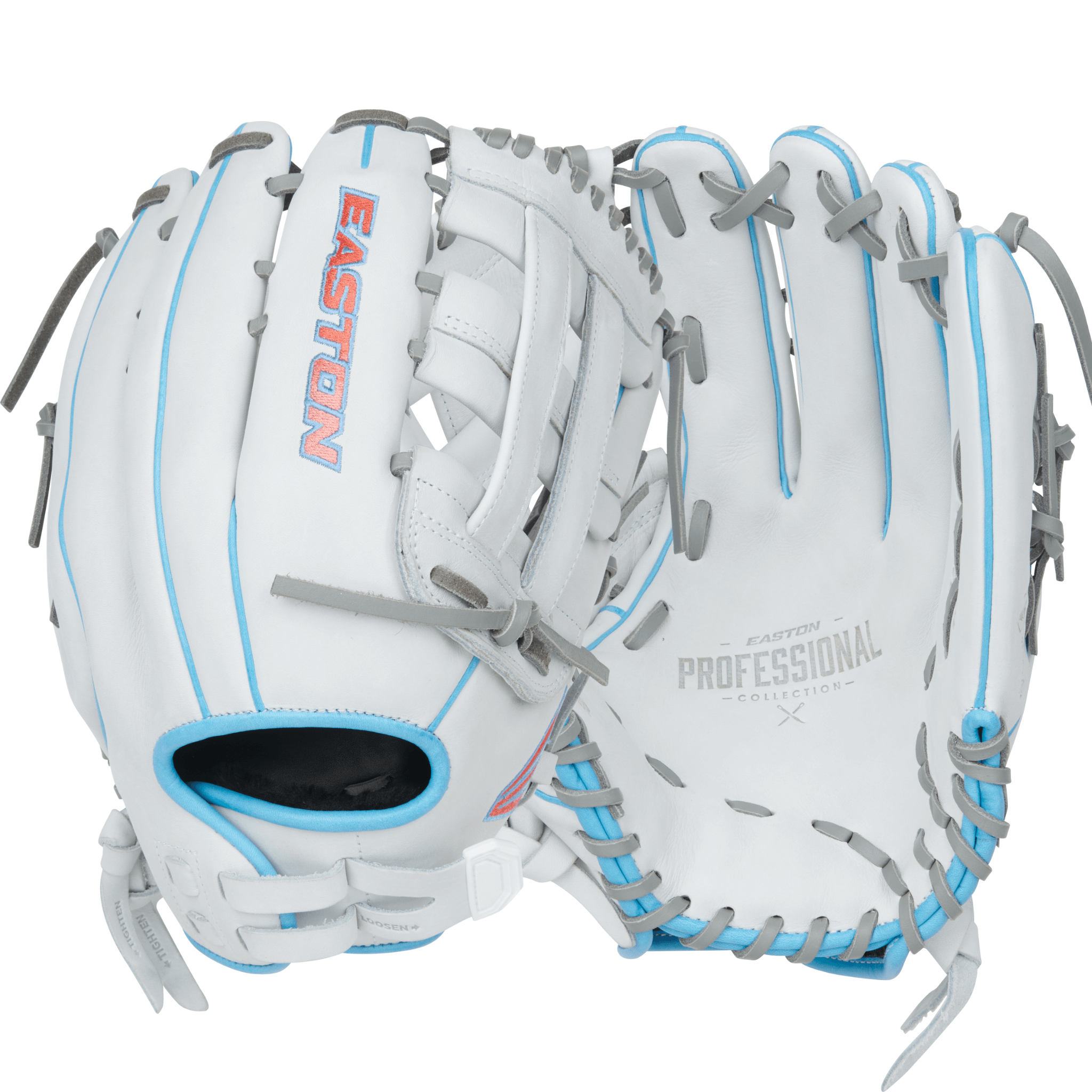Easton Pro Collections Fastpitch Softball Glove 13" in white with Columbia blue and pink accents, perfect for outfield play.