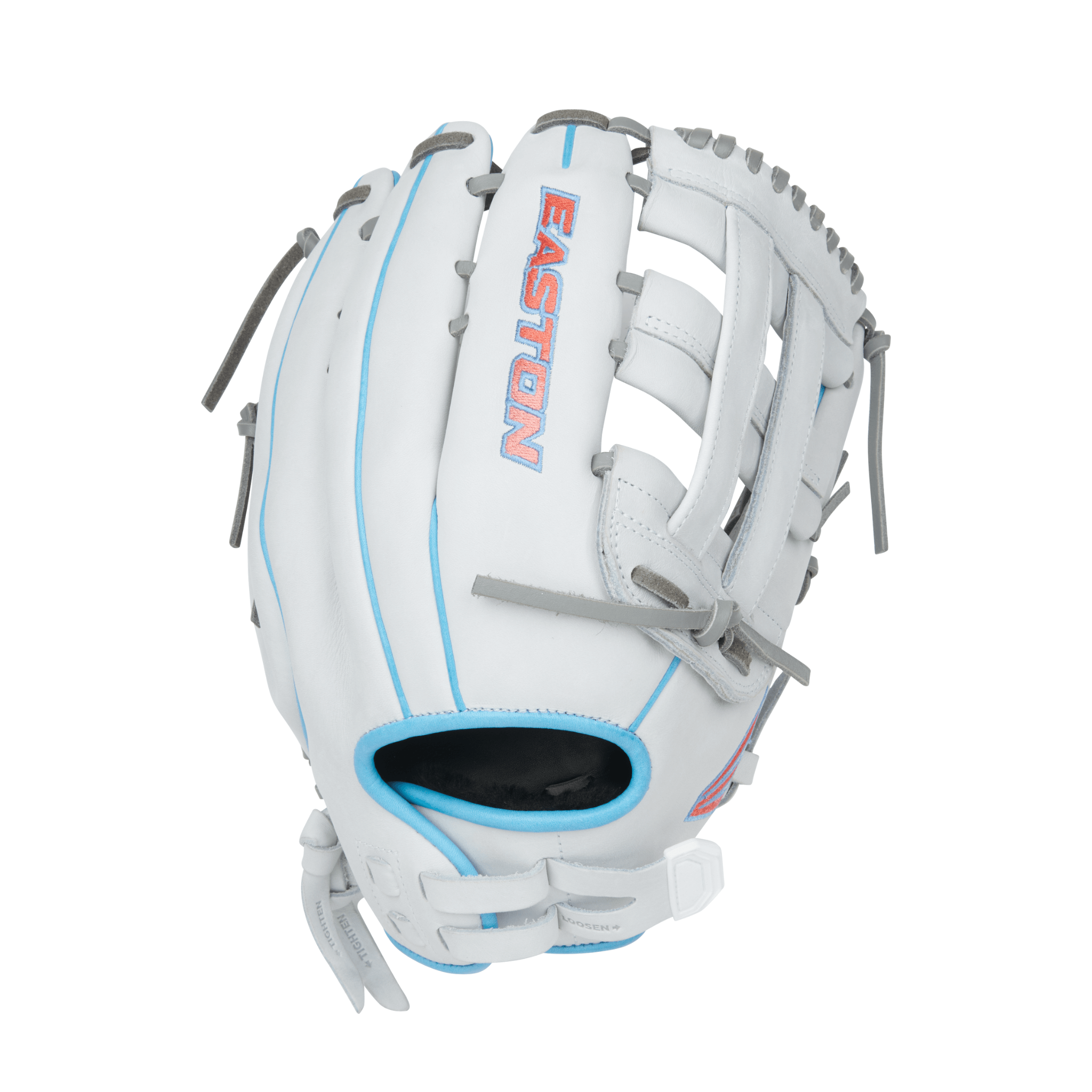 Easton Pro Collections 13" fastpitch softball glove in white, Columbia blue, and pink for enhanced performance.