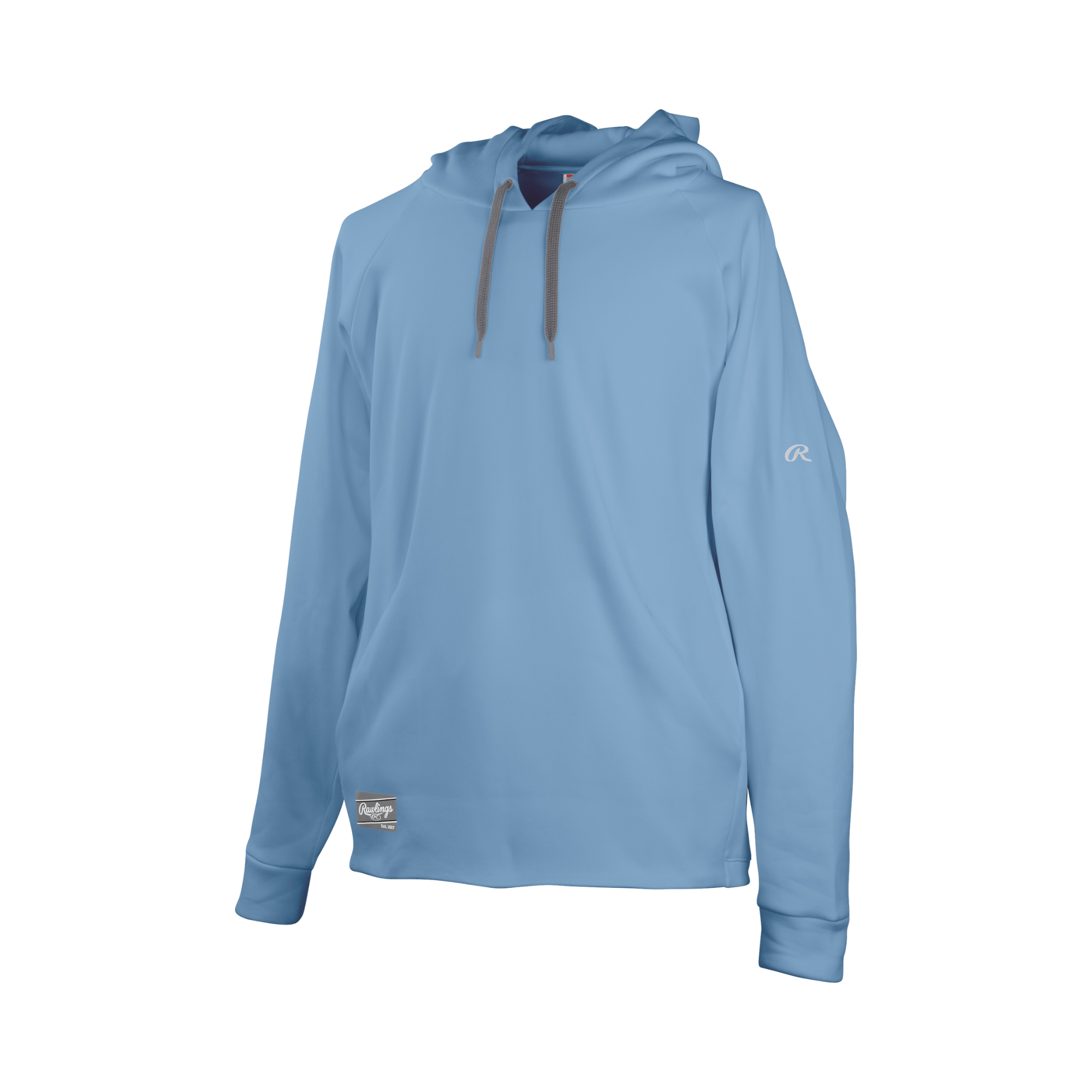Rawlings adult ColorSync performance hoodie in light blue, made of breathable polyester for ultimate comfort during activities.