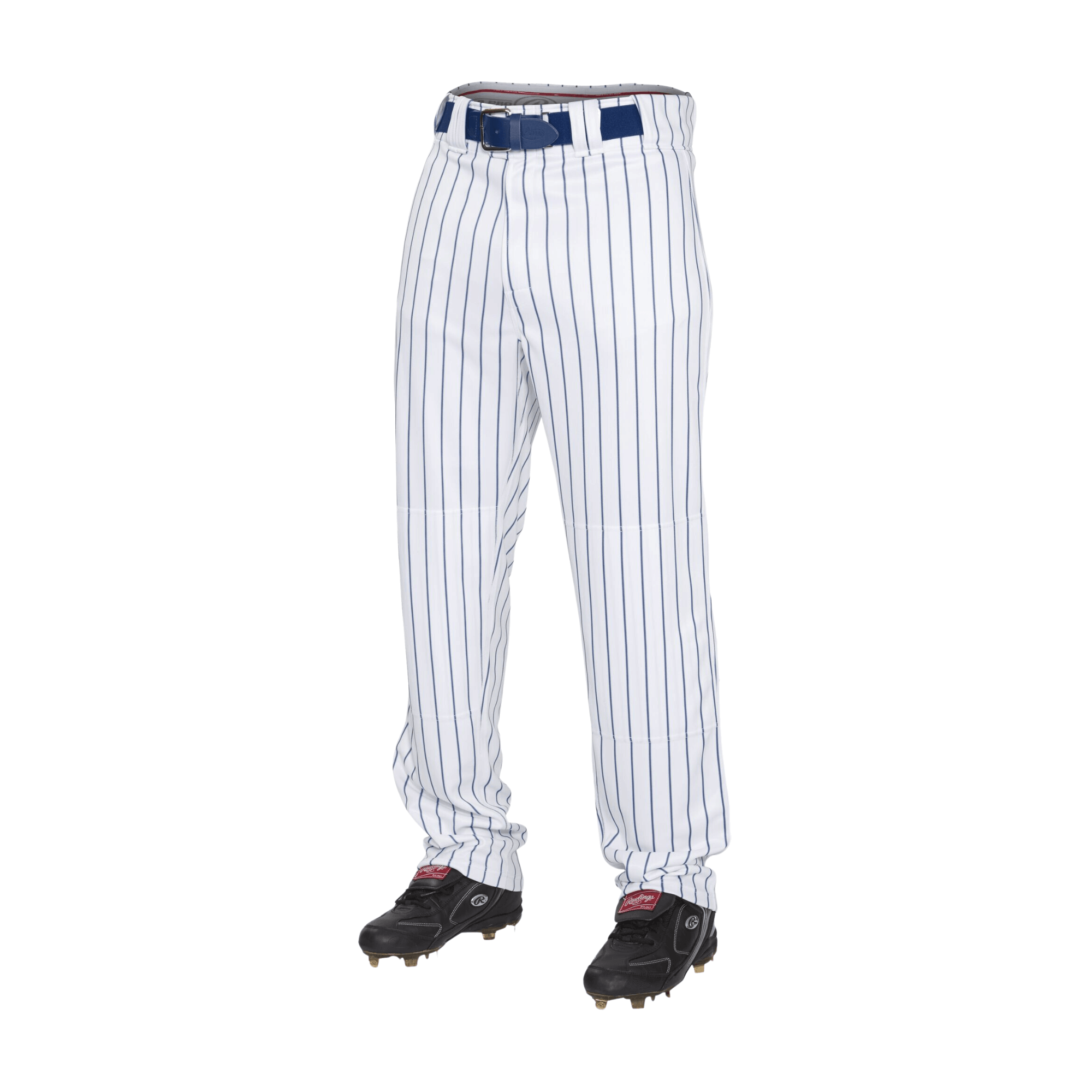 Rawlings PIN150 white and navy pinstripe baseball pant with semi-relaxed fit and pro flared design, ideal for athletes.
