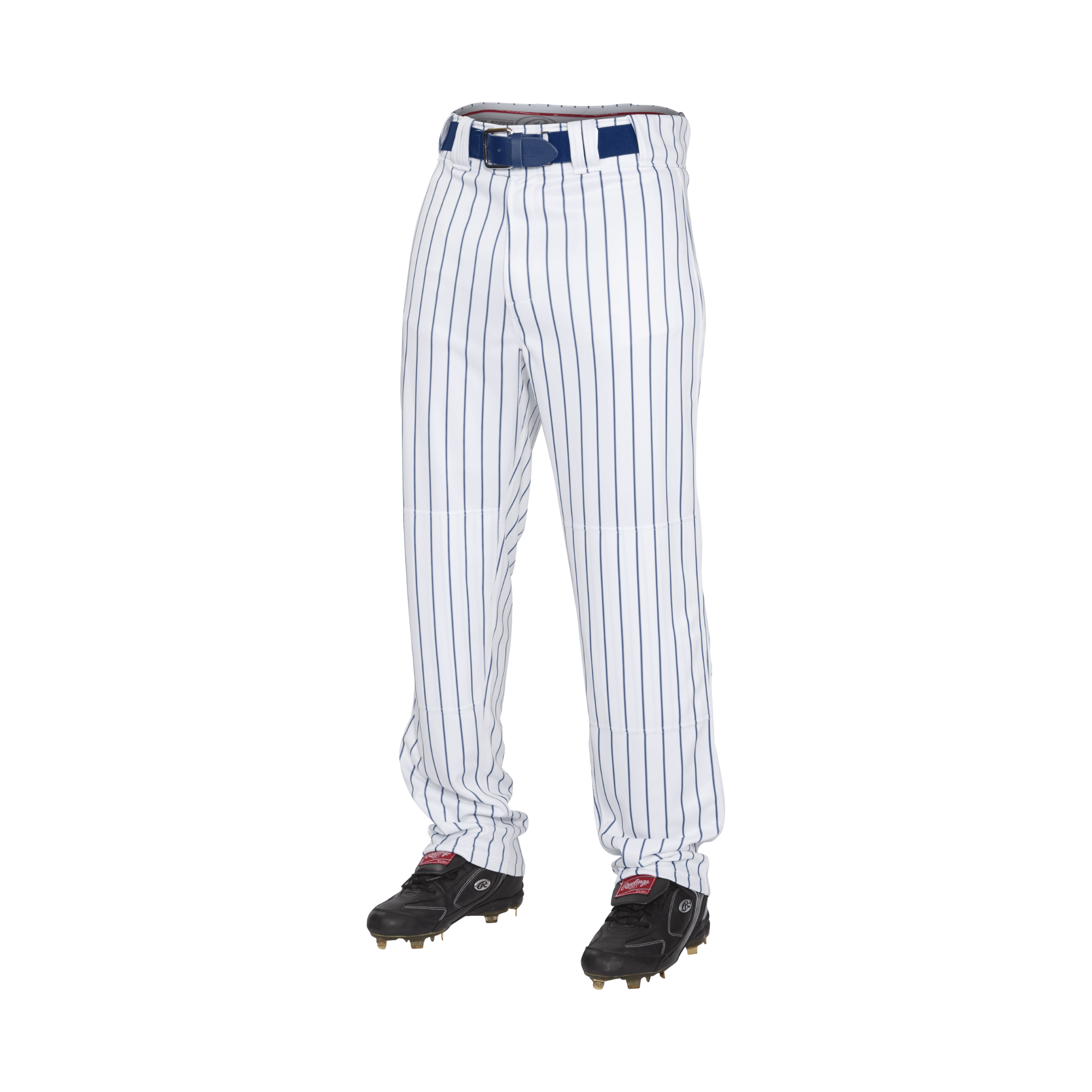 Rawlings PIN150 Pinstripe Pant in white and navy with semi-relaxed fit, ideal for baseball, featuring moisture management and stain release.