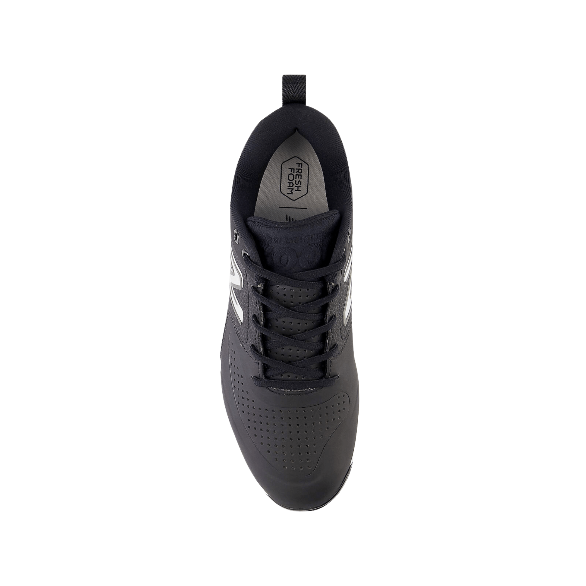 New Balance Fresh Foam 3000 v6 Black baseball cleat top view with perforated synthetic upper for durability.
