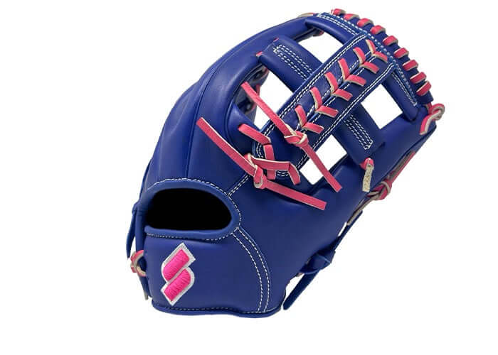 Sacco Youth Ultra Smooth Kip 11.5" Laced Single Post baseball glove in Concord Grape and Neon Pink, side view