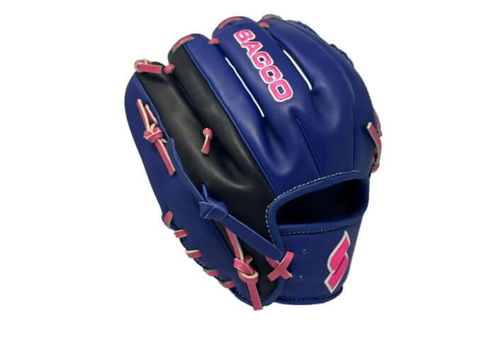 Sacco Youth Ultra Smooth Kip 11.5" Laced Single Post glove in Concord Grape & Neon Pink, shown from the side view.