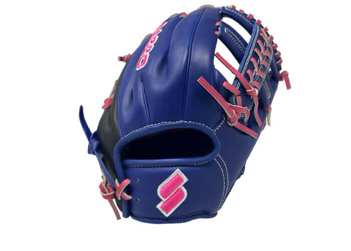 Sacco Youth Ultra Smooth Kip 11.5" laced single post glove in Concord Grape & Neon Pink, side view showcasing vibrant colors and design.