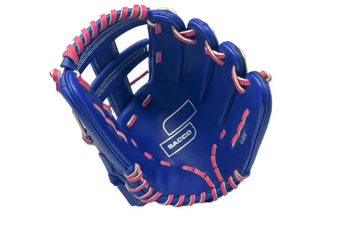 Front view of Sacco Youth Ultra Smooth Kip 11.5" glove in Concord Grape & Neon Pink with laced design.