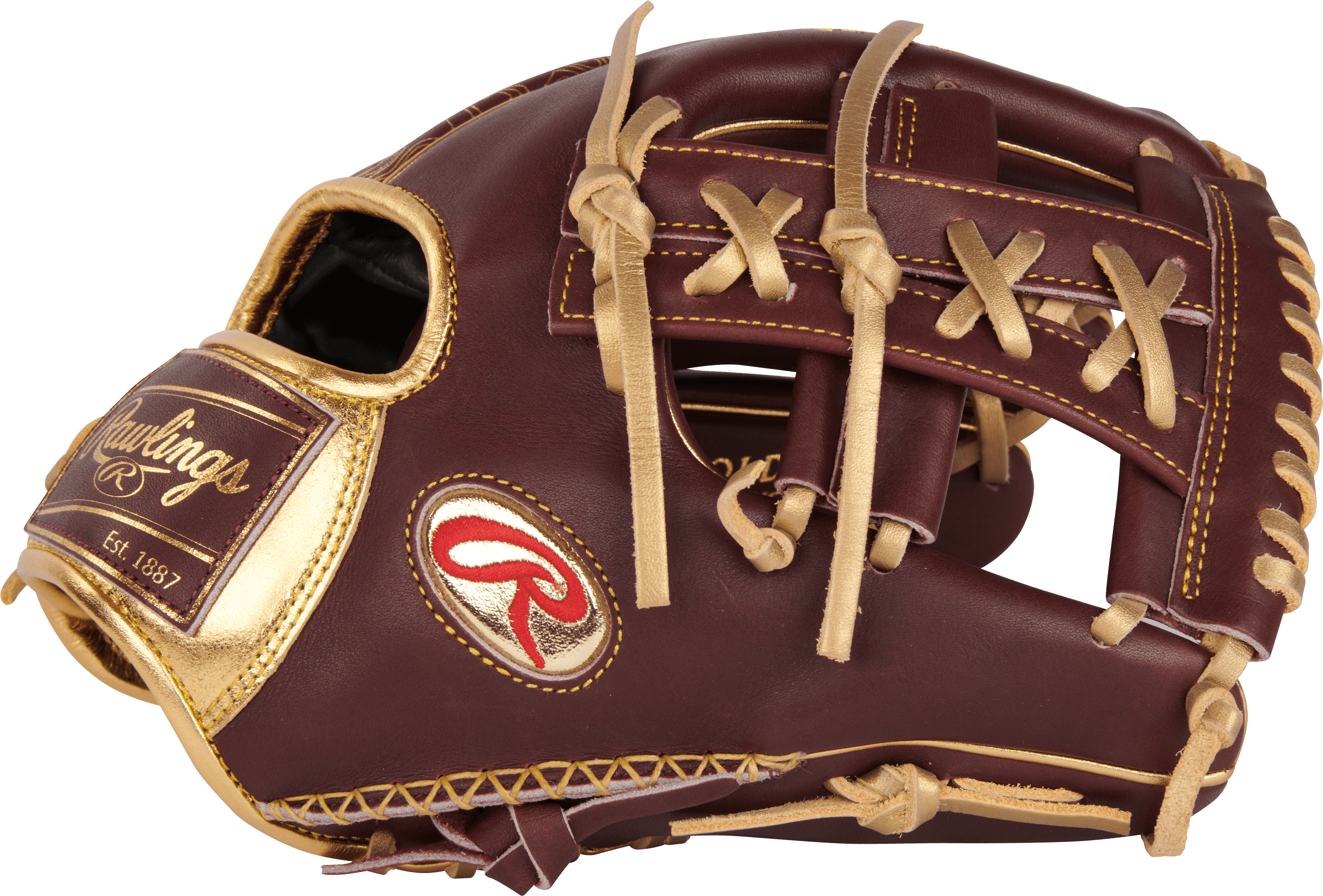 Rawlings Gold Glove Club RGGC Goldy 11.75-inch infield glove featuring burgundy leather and gold accents.