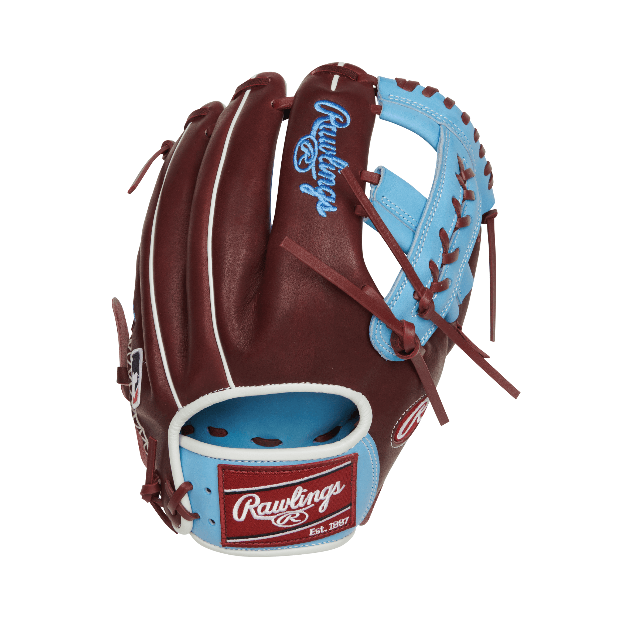 Rawlings Gold Glove Club 11.75-inch infield glove, Heart of the Hide leather, sherry and Columbia blue color.