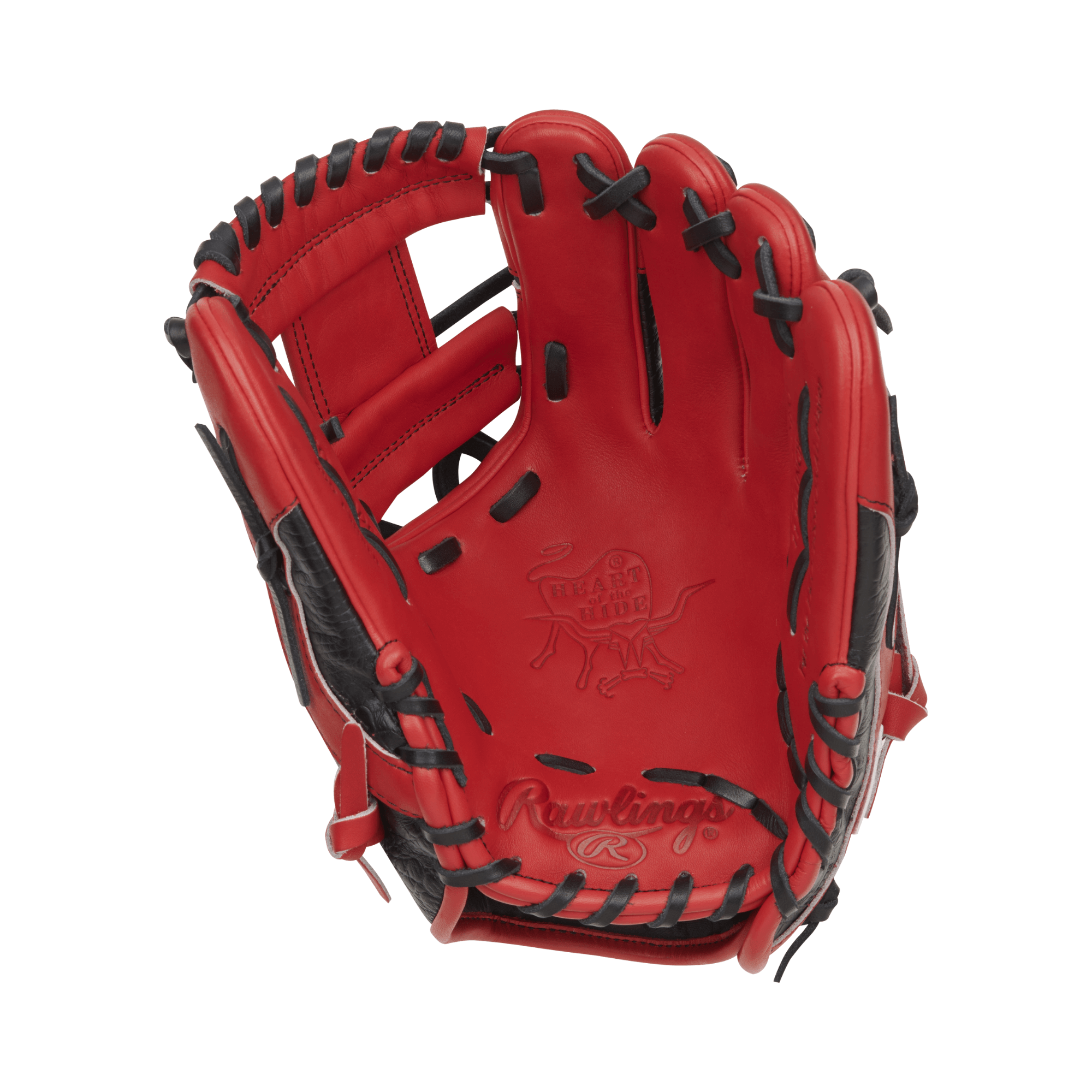 Rawlings Heart of the Hide Color Sync 8.0 baseball glove in red and black, featuring croc-embossed trim and intricate stitching.