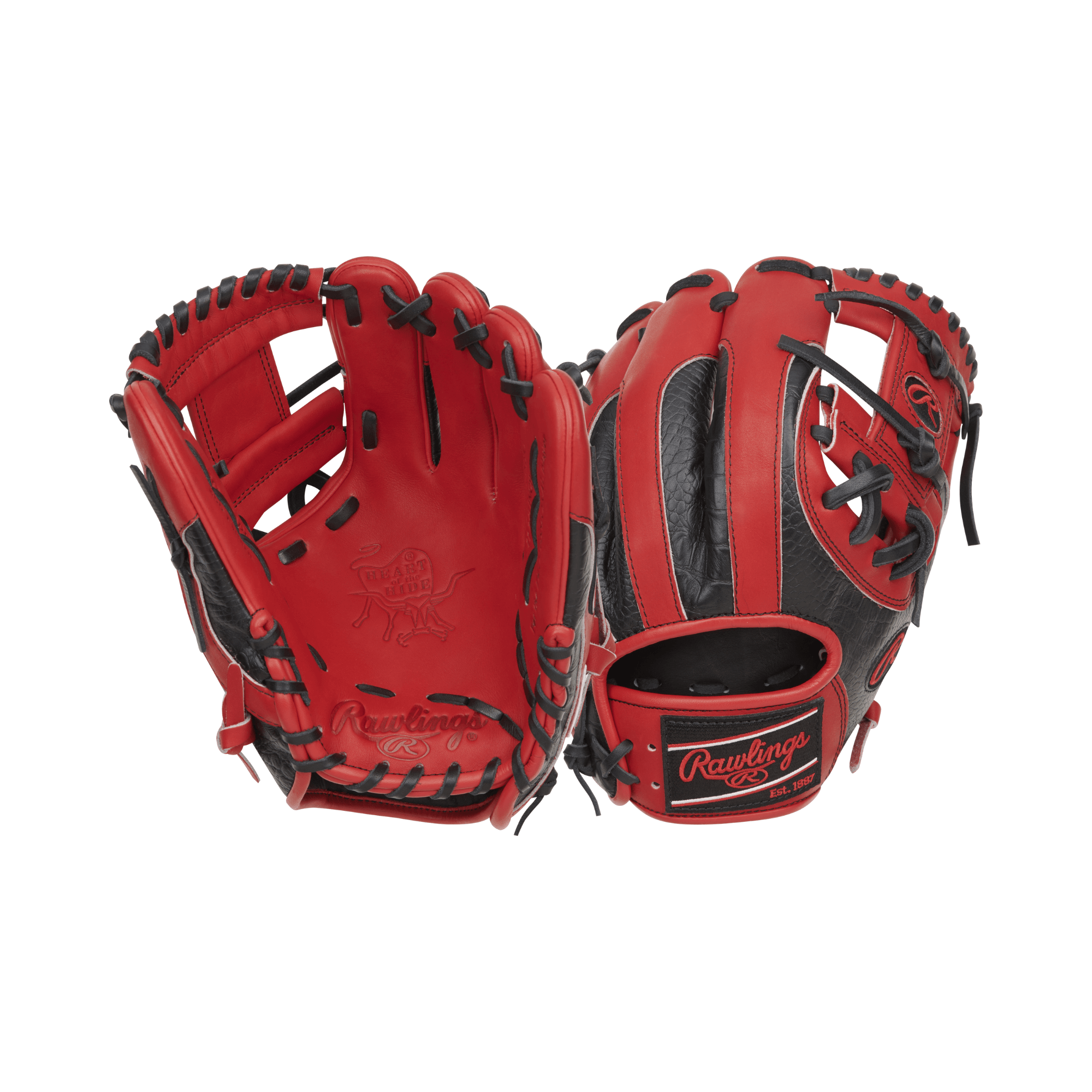 Rawlings Heart Of the Hide Color Sync 8.0 baseball glove in red and black, featuring croc-embossed trim.