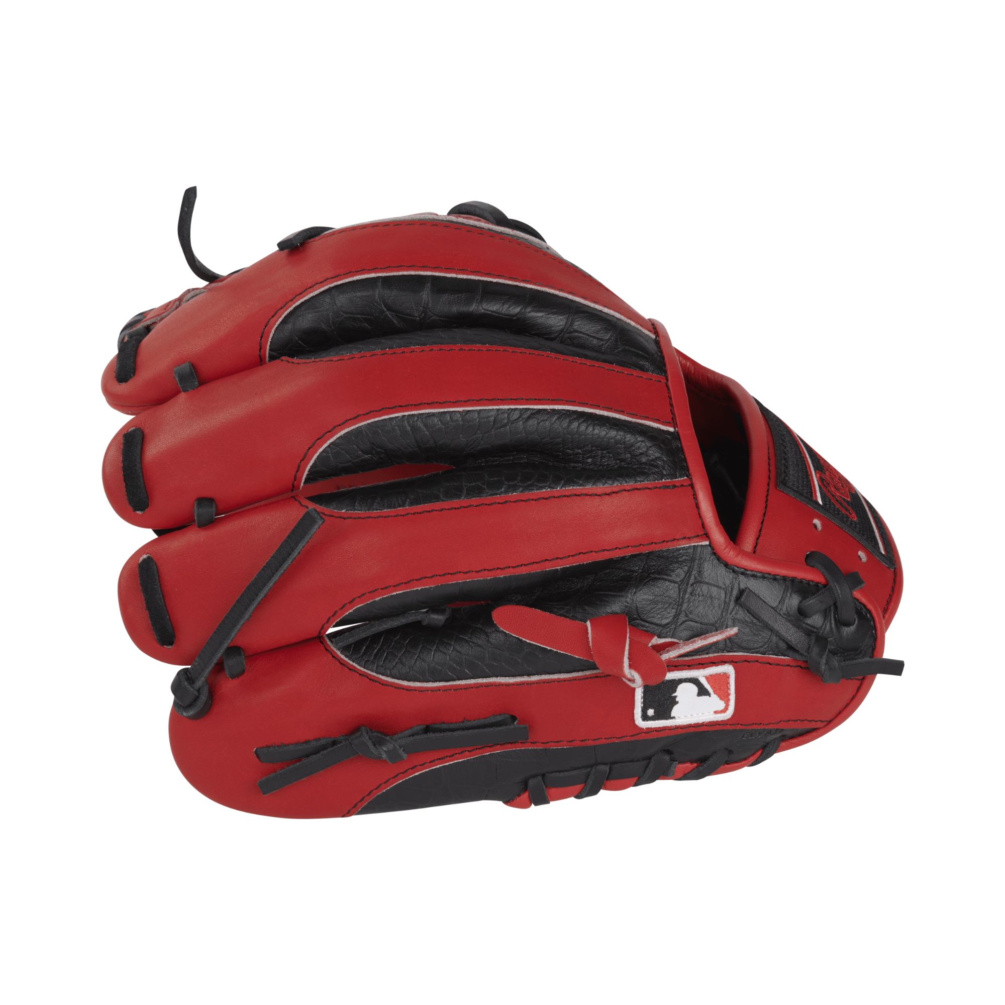 Rawlings Heart of the Hide Color Sync 8.0 Baseball Glove in red and black, showcasing croc-embossed trim and sleek design.