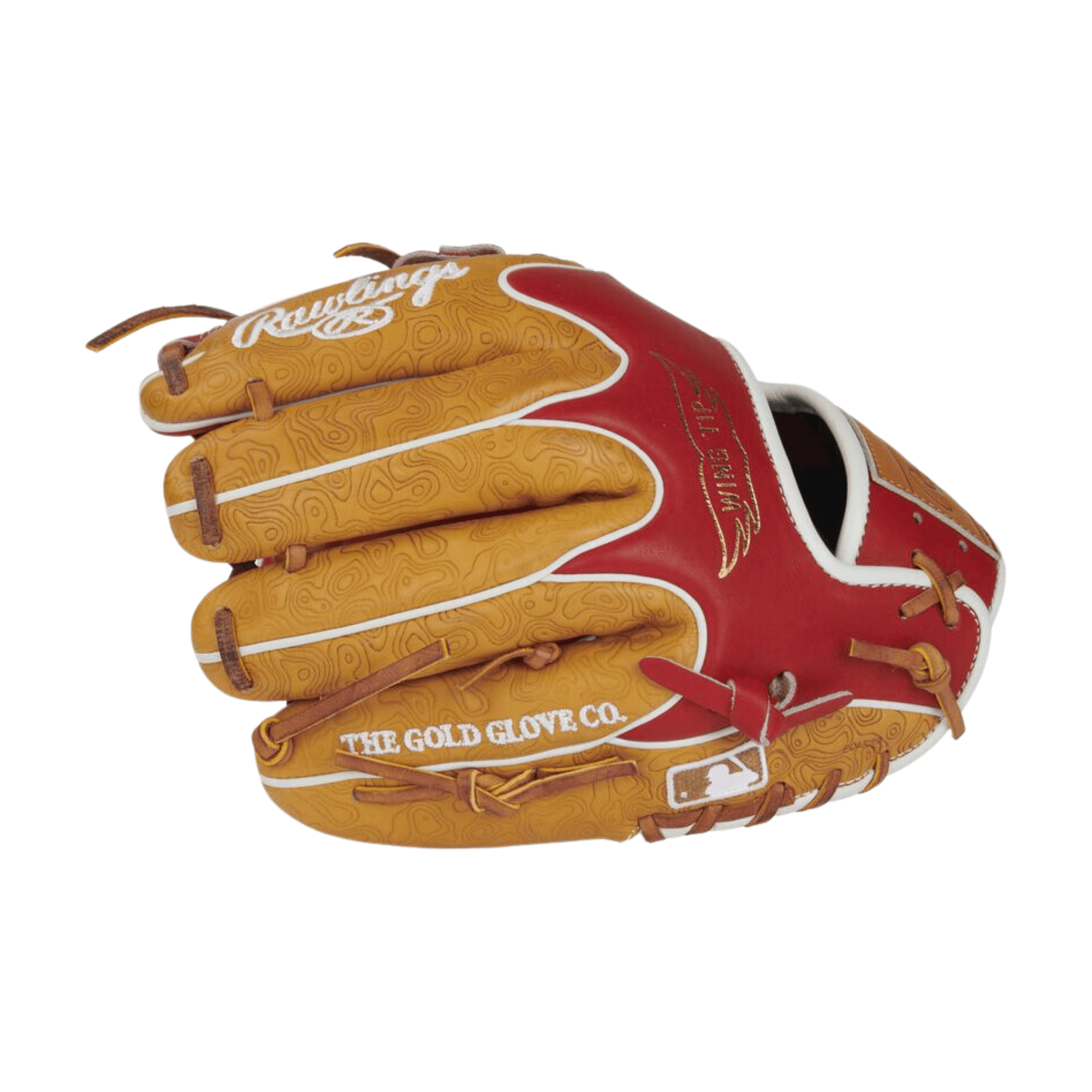 Rawlings ColorSync 7.0 11.5 infield glove with geoprint leather and cherry-red Wing-Tip design.