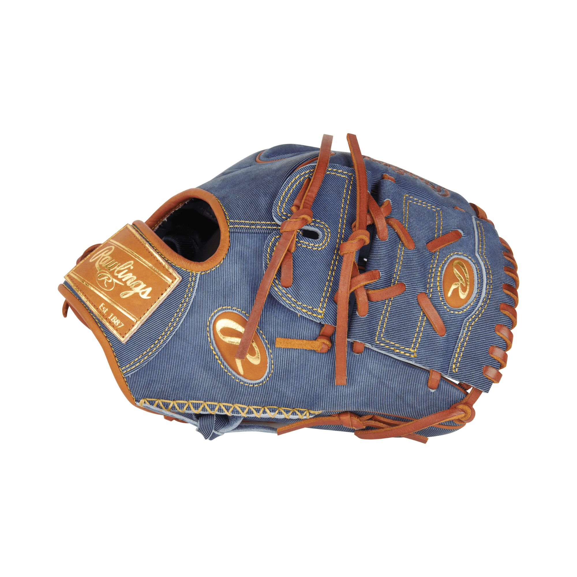 Rawlings Heart of the Hide Pro Label Denim Edition Pitcher Glove in blue with brown stitching, 11.75" LHT, showcasing unique denim design.