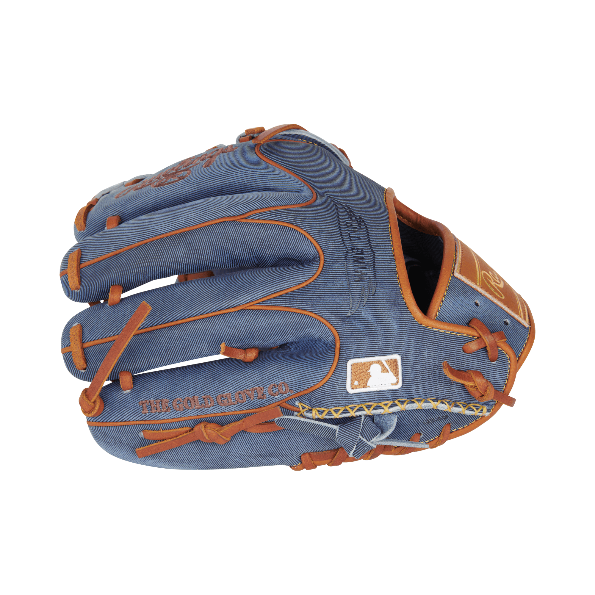 Rawlings Heart of the Hide Denim Edition Pitcher Glove, 11.75" left-hand throw, featuring denim finish and brown stitching.