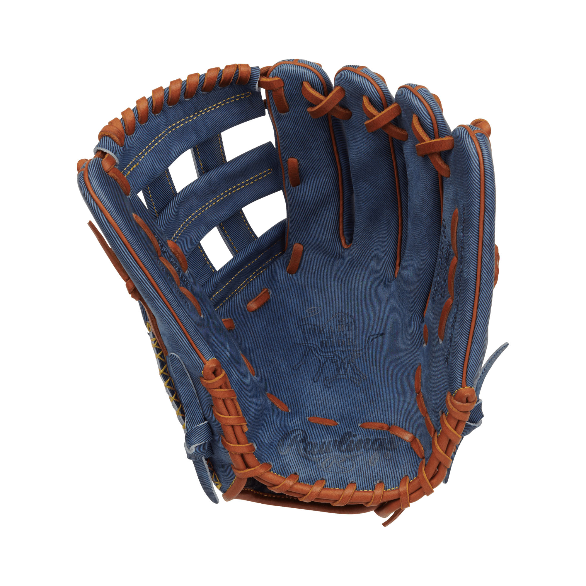 Rawlings Heart of the Hide Pro Label Denim Edition Outfield Glove 12.75" RHT with denim finish and brown stitching.