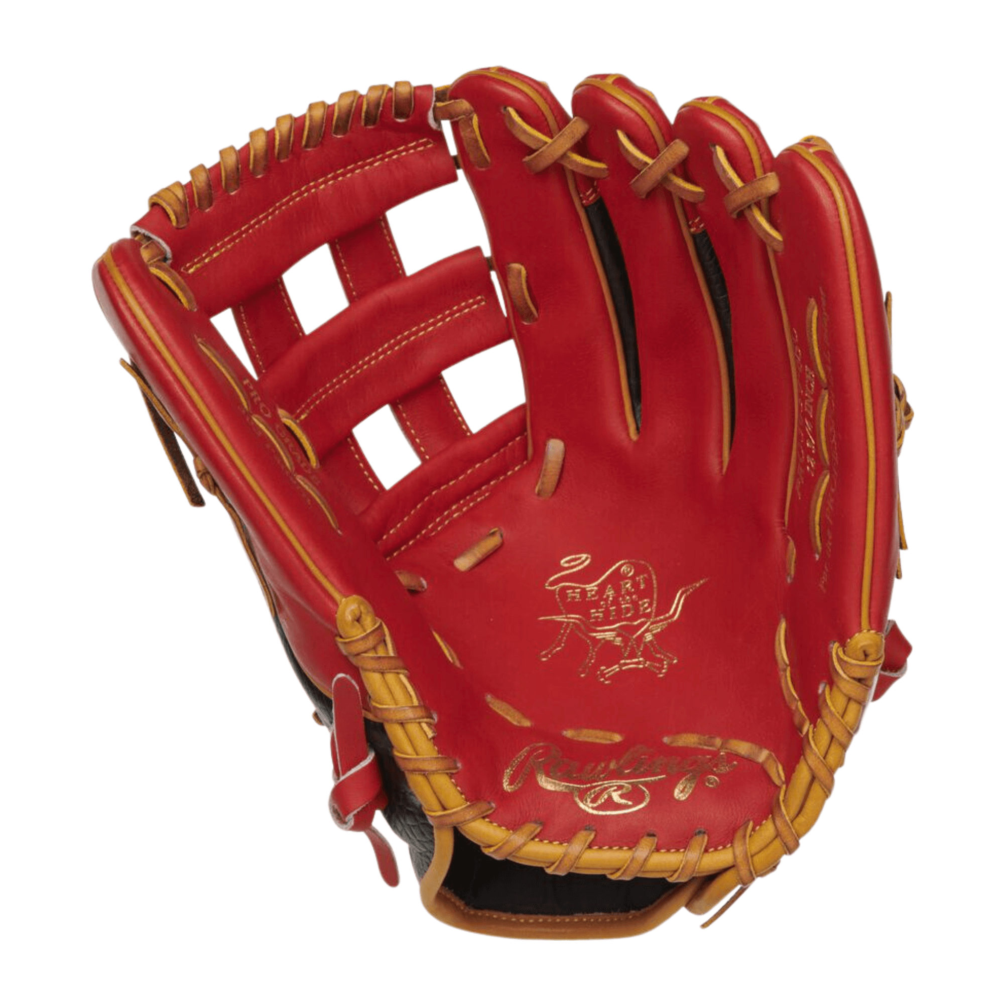 Rawlings ColorSync 7.0 Heart of the Hide 12.75 outfield glove with black croc-embossed leather and cherry-red palm.