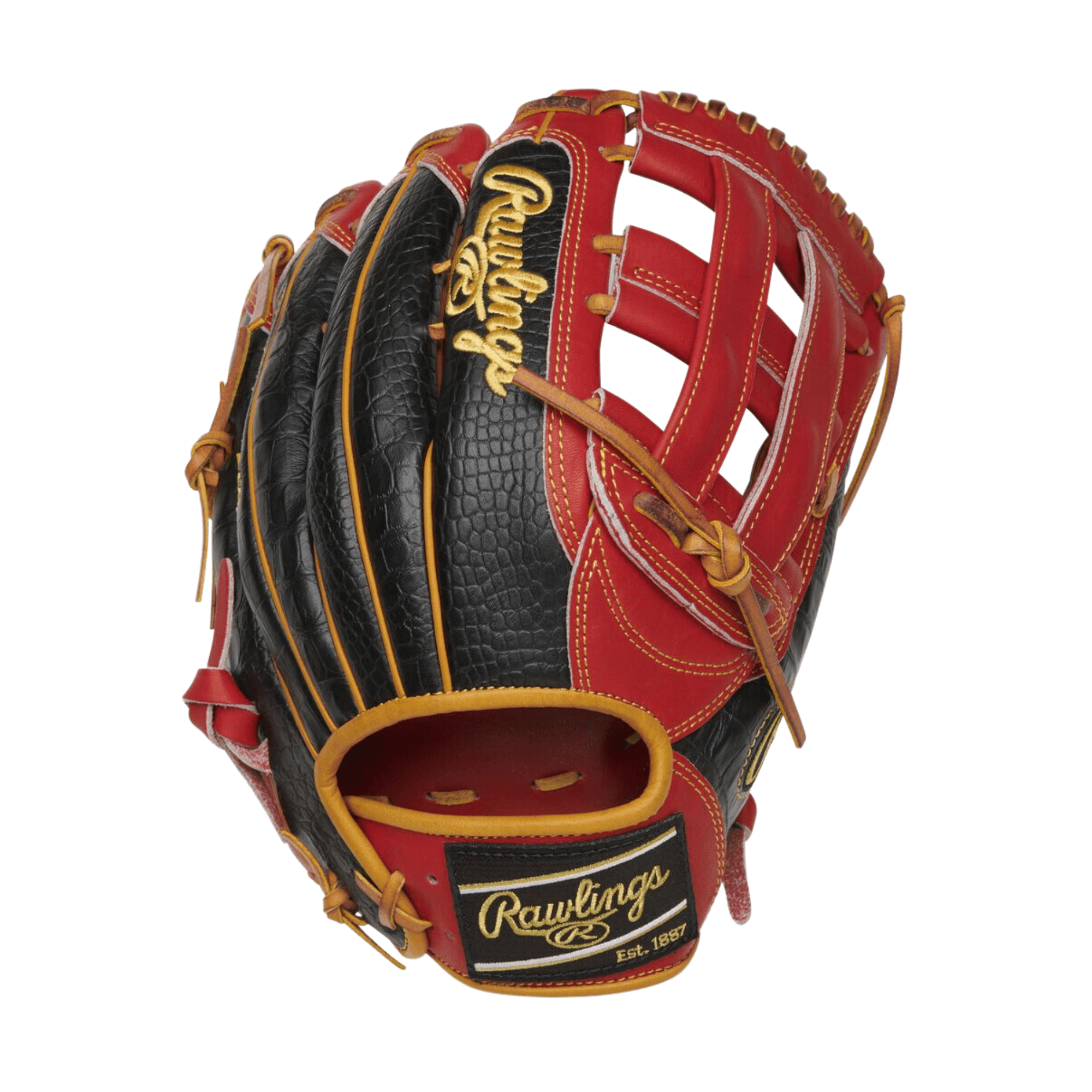 Rawlings ColorSync 7.0 Heart of the Hide 12.75 outfield glove with black croc-embossed leather and cherry-red palm.