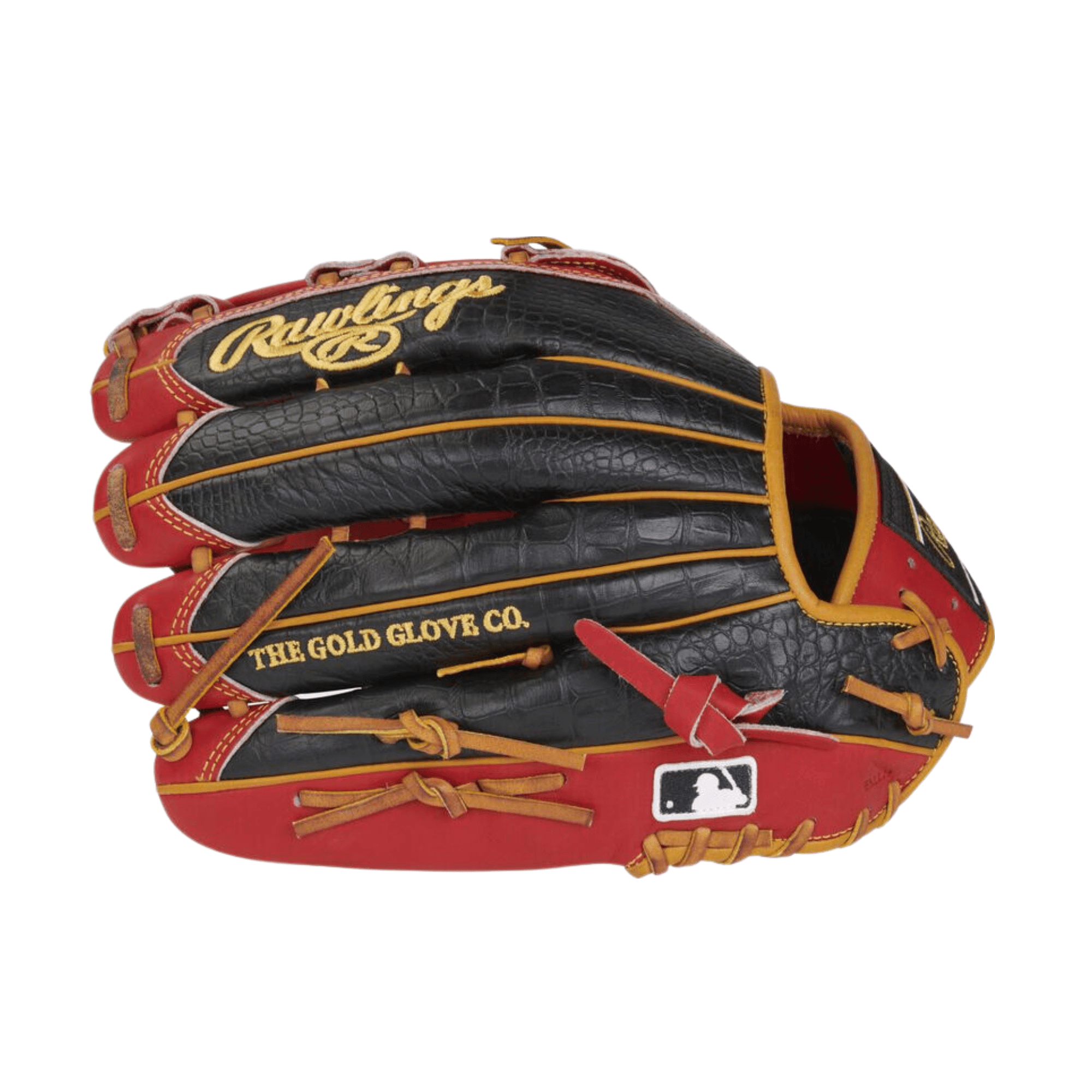 Rawlings ColorSync 7.0 Heart of the Hide 12.75 outfield glove with black croc-embossed leather and cherry-red palm.