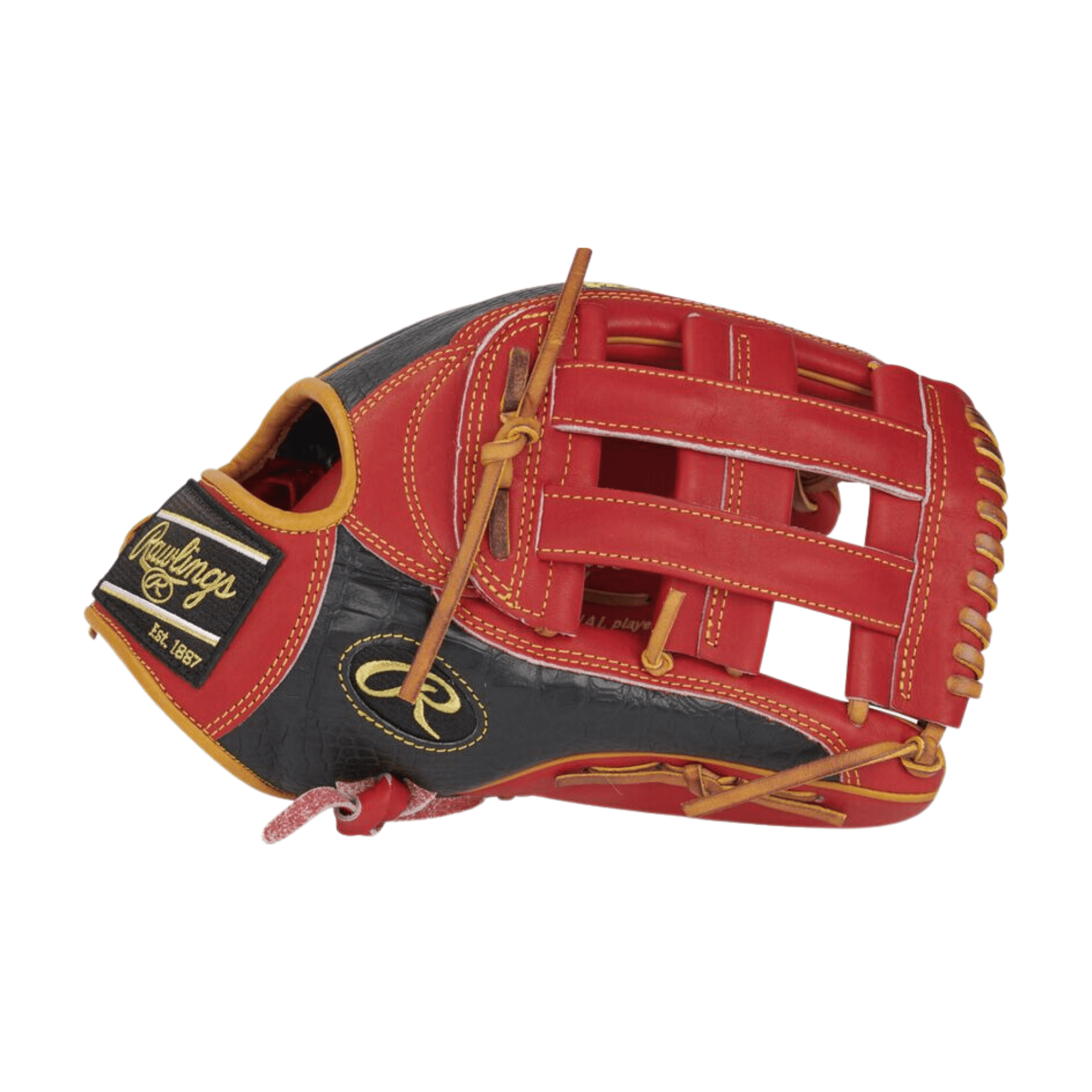 Rawlings ColorSync 7.0 Heart of the Hide 12.75 outfield glove with black croc-embossed leather and cherry-red palm.