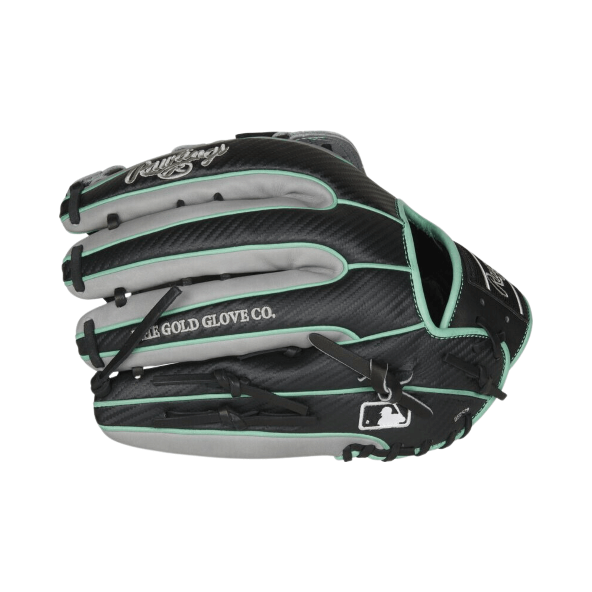 Rawlings Heart of the Hide Hyper Shell 12.75" baseball glove in black with mint accents and gray details.