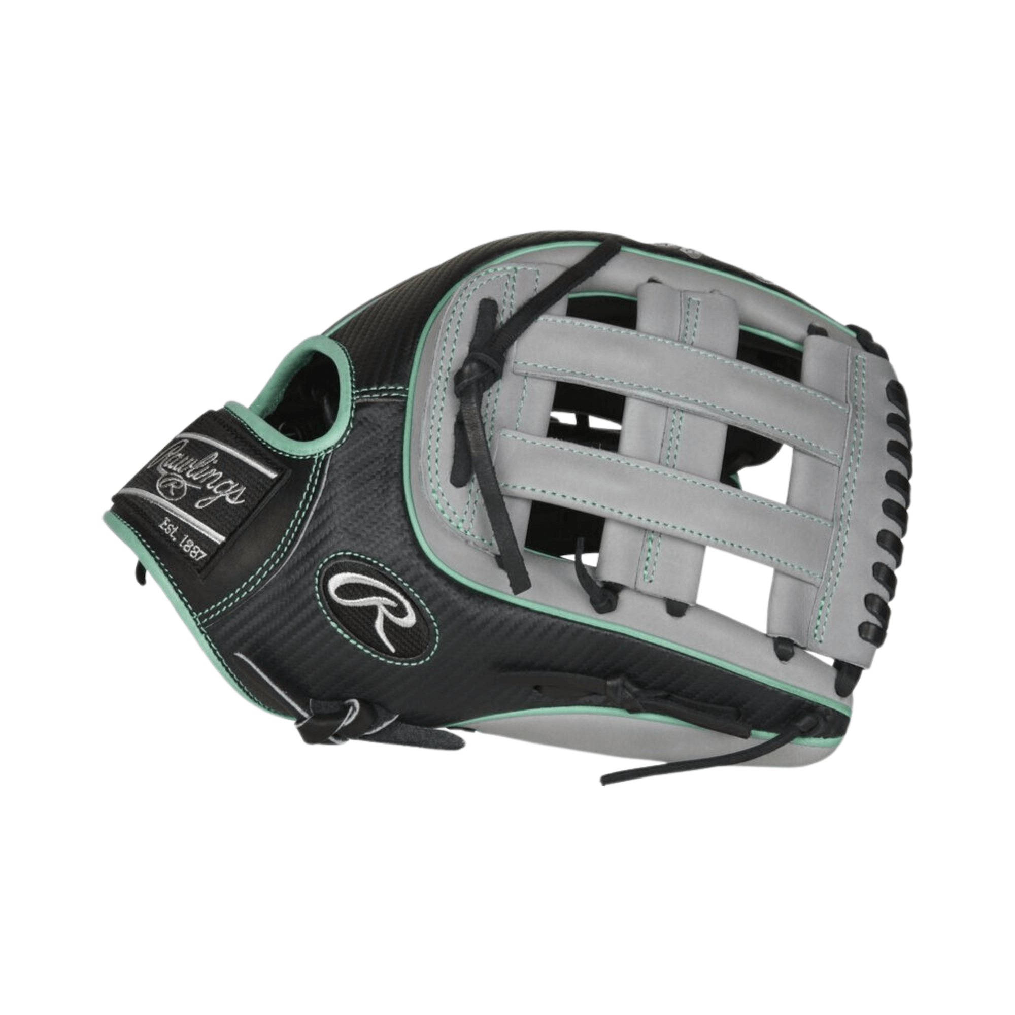 Rawlings Heart of the Hide Hyper Shell 12.75" baseball glove in black with mint accents and gray features.