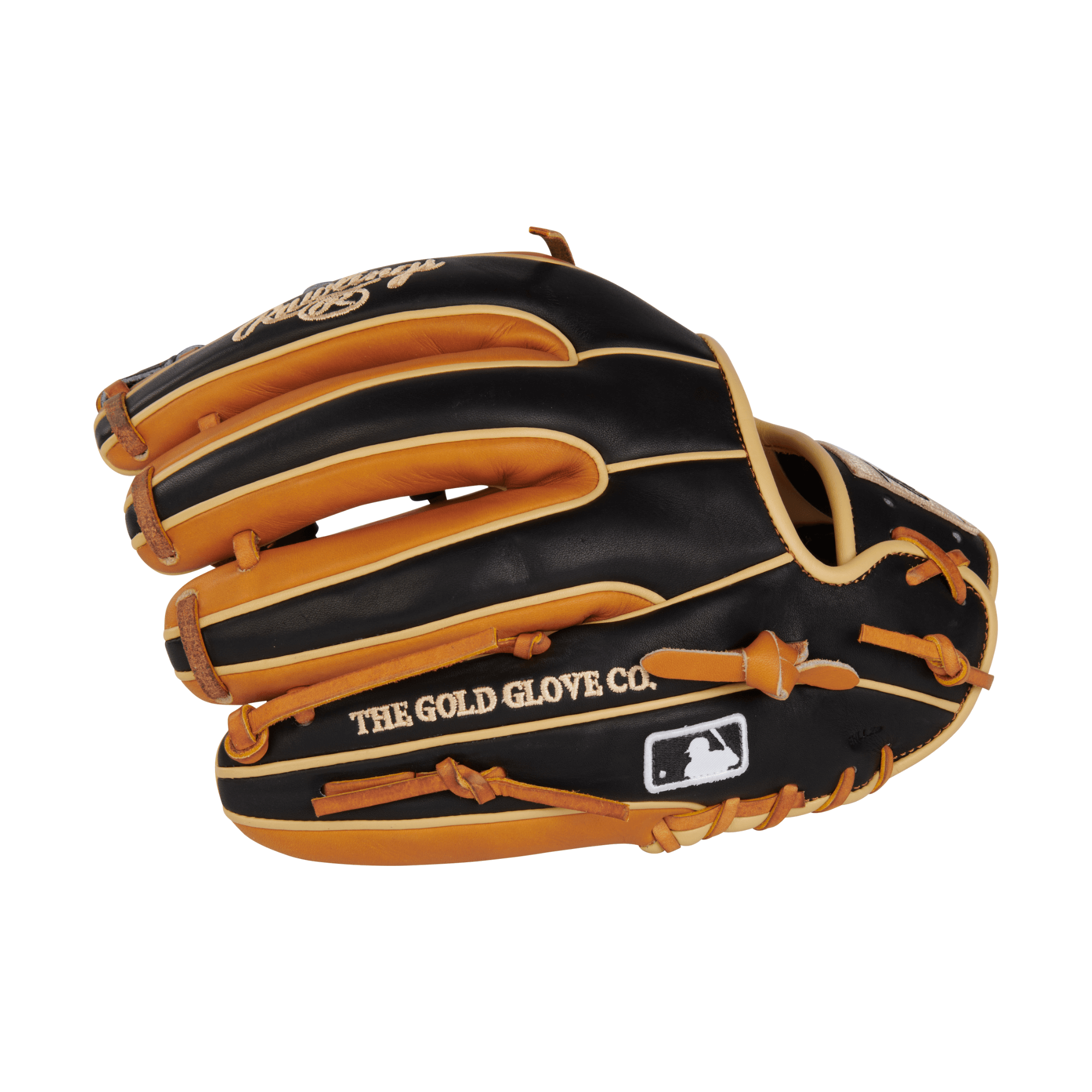 Rawlings 11.5-inch PRO93 infield glove, black and orange, featuring Gold Glove Club logo and Major League Baseball emblem.