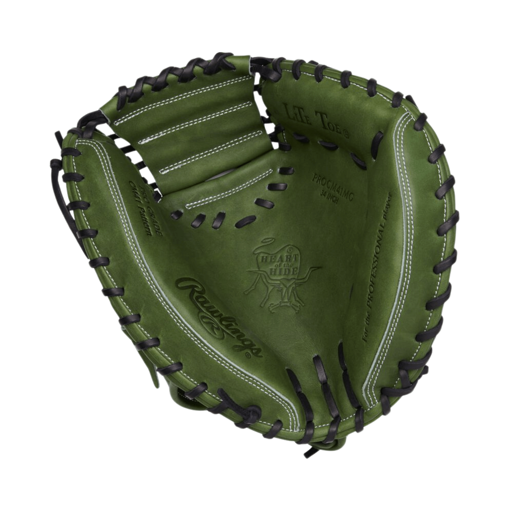 Rawlings Military Green Heart of the Hide 34" catcher's mitt showcasing premium leather and striking stitching details.