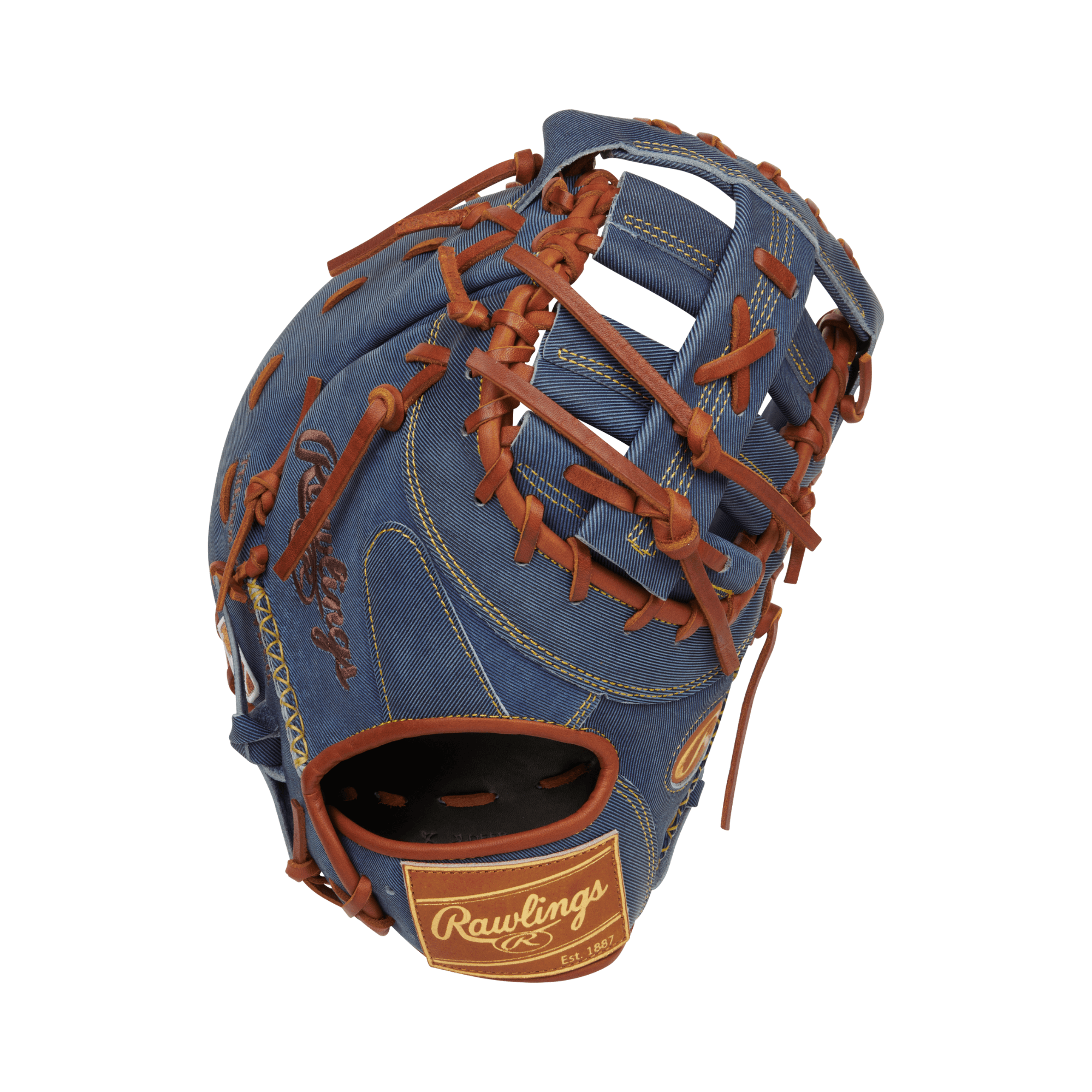 Rawlings Heart of the Hide Pro Label Denim First Base Mitt 13" with brown stitching and denim finish, perfect for baseball players.