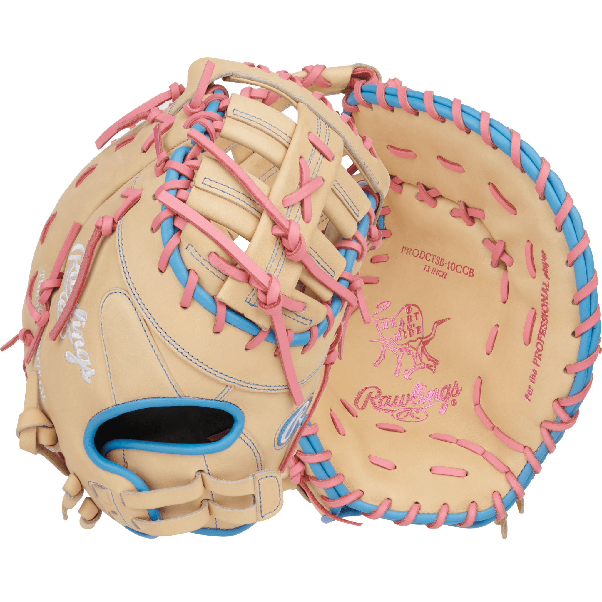 Back and palm view of a Rawlings 13-inch softball mitt, featuring adjustable strap and designed for right-hand throwers.