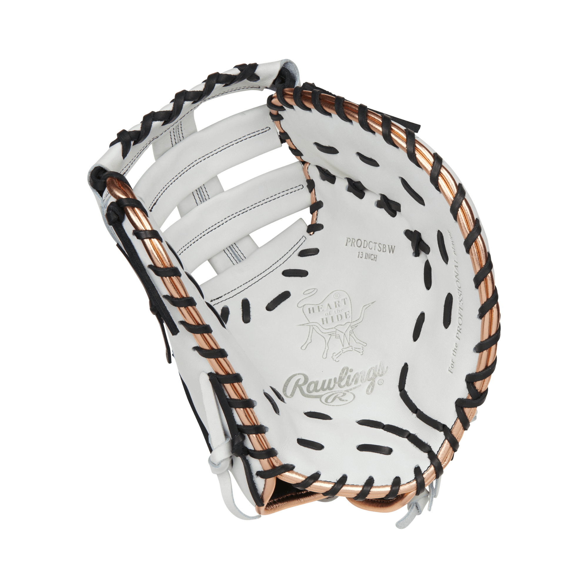 Rawlings Heart of the Hide 13" Fastpitch Softball First Base Mitt Glove, white and black with copper accents, top-quality leather.