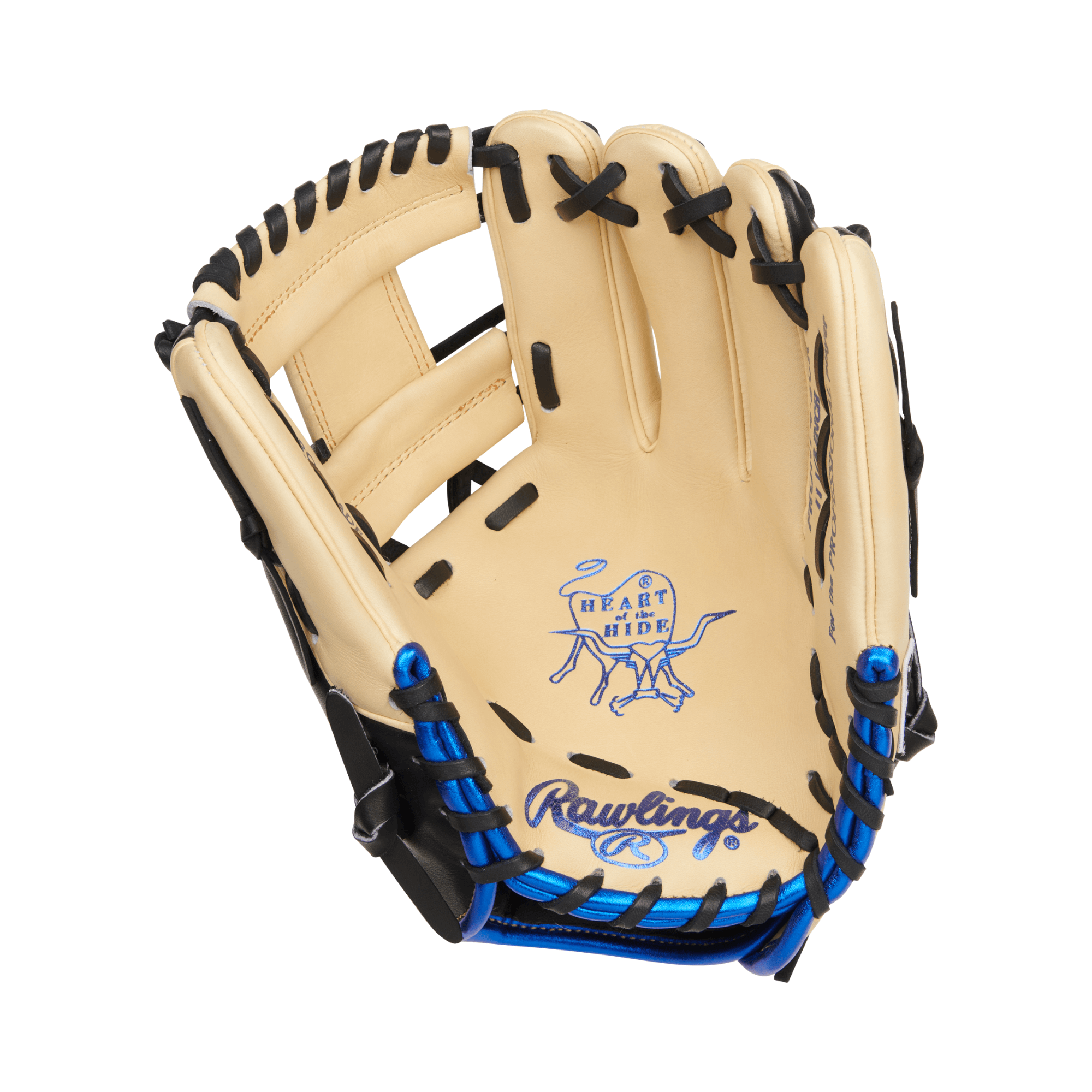 Rawlings Heart of the Hide 11.5-inch infield glove with Pro-I web in black, camel, and royal blue colors